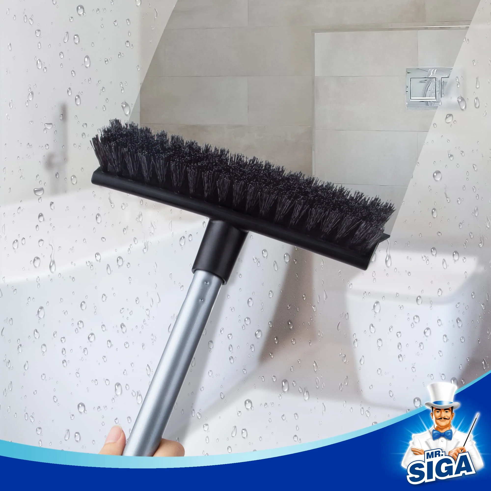 MR.SIGA Floor Scrub Brush with Long Handle, 2 in 1 Scrubber and Squeegee for Cleaning Bathroom, Patio, Garage, Wall, Tile with Stiff Bristles - Image 3