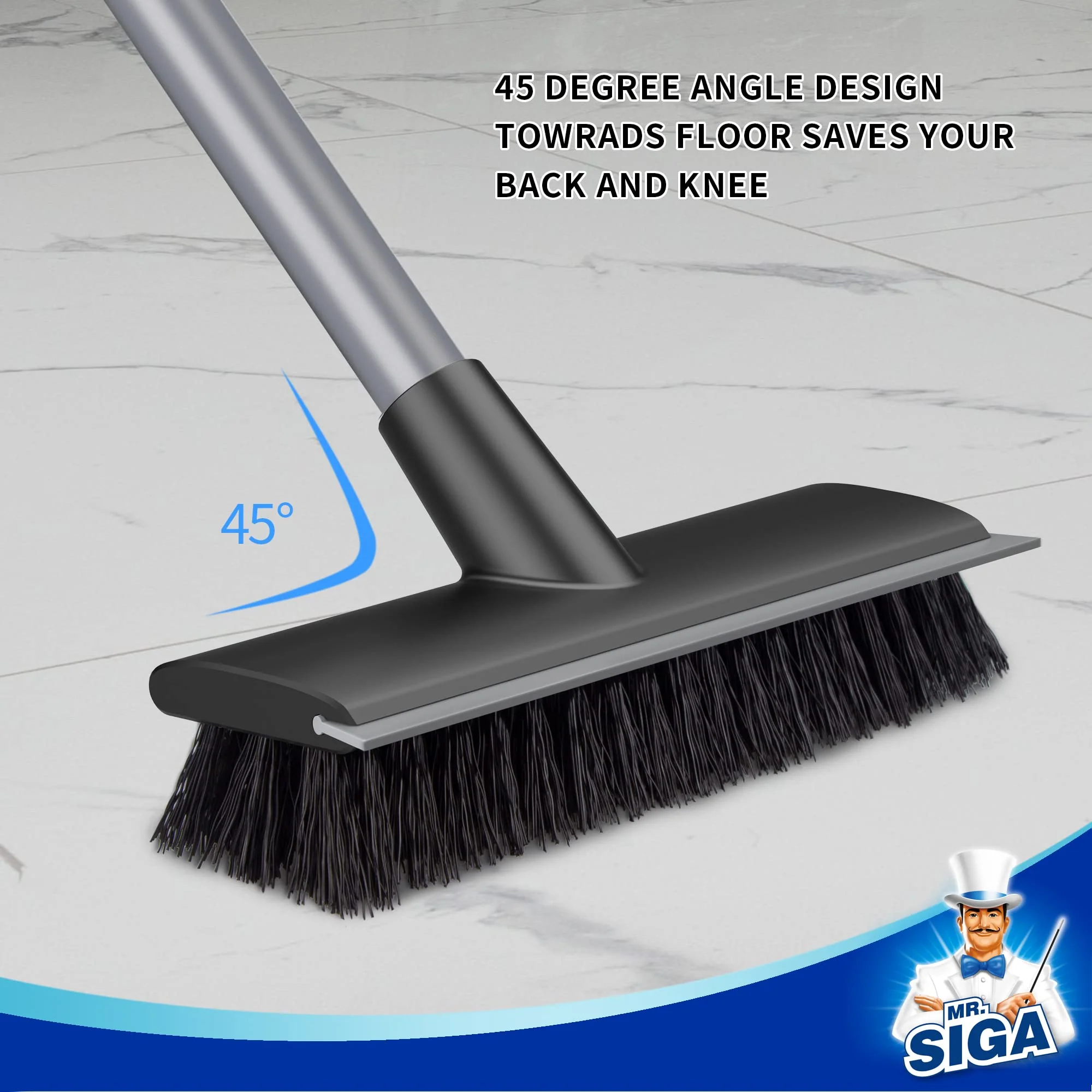 MR.SIGA Floor Scrub Brush with Long Handle, 2 in 1 Scrubber and Squeegee for Cleaning Bathroom, Patio, Garage, Wall, Tile with Stiff Bristles - Image 4