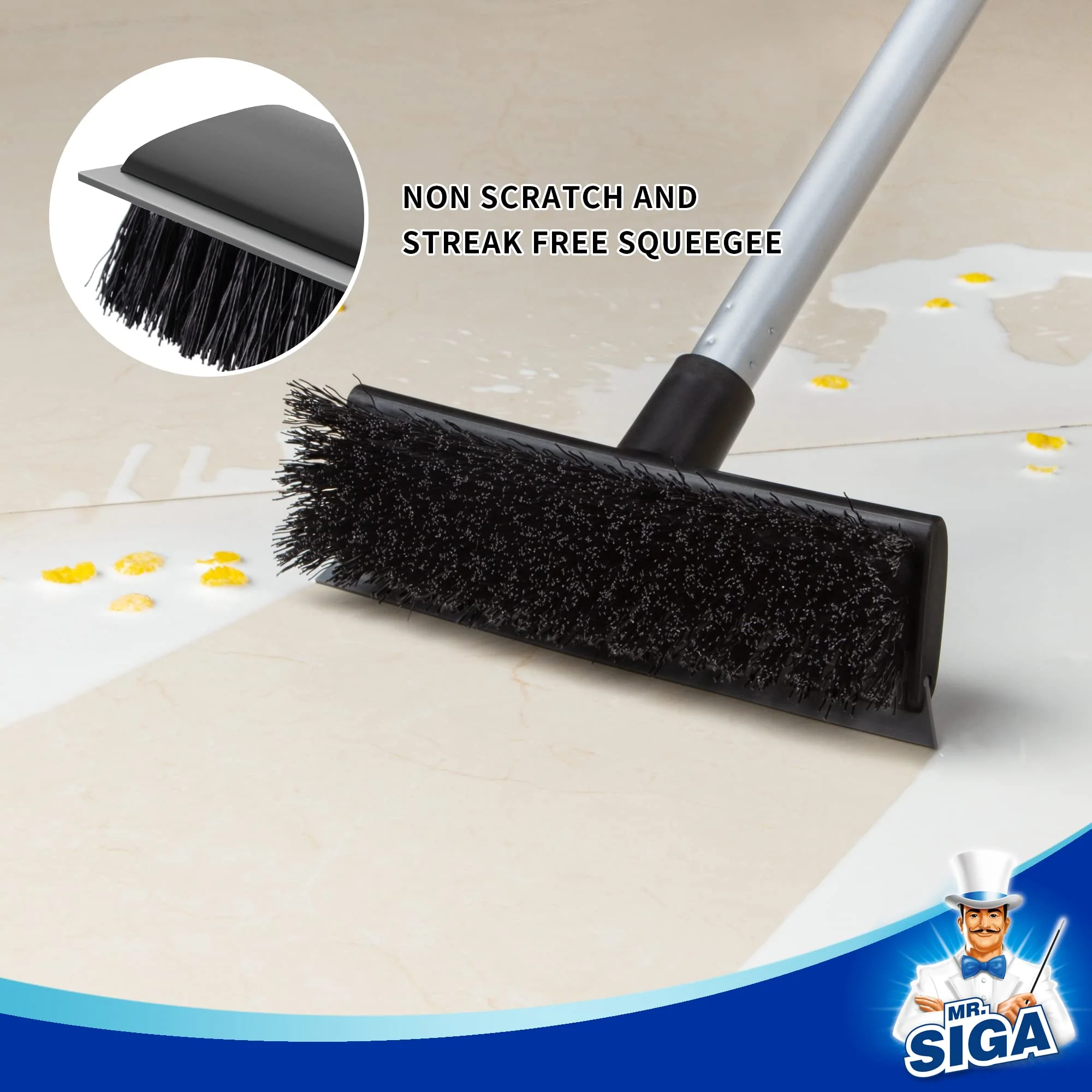 MR.SIGA Floor Scrub Brush with Long Handle, 2 in 1 Scrubber and Squeegee for Cleaning Bathroom, Patio, Garage, Wall, Tile with Stiff Bristles - Image 5