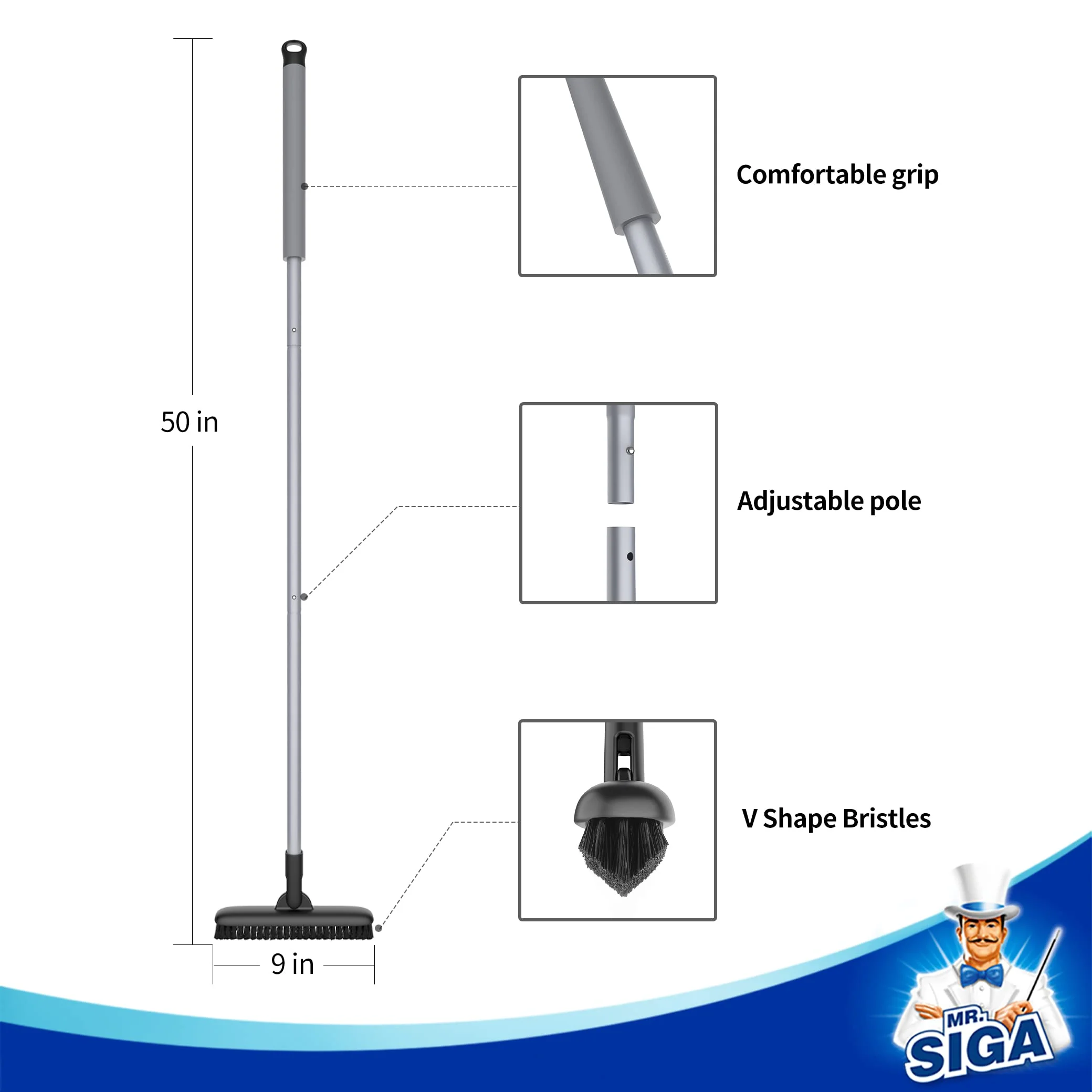 MR.SIGA Heavy Duty Grout Scrub Brush with Long Handle, Shower Floor Scrubber for Cleaning, Tile Scrub Brush with Stiff Bristles - Image 3