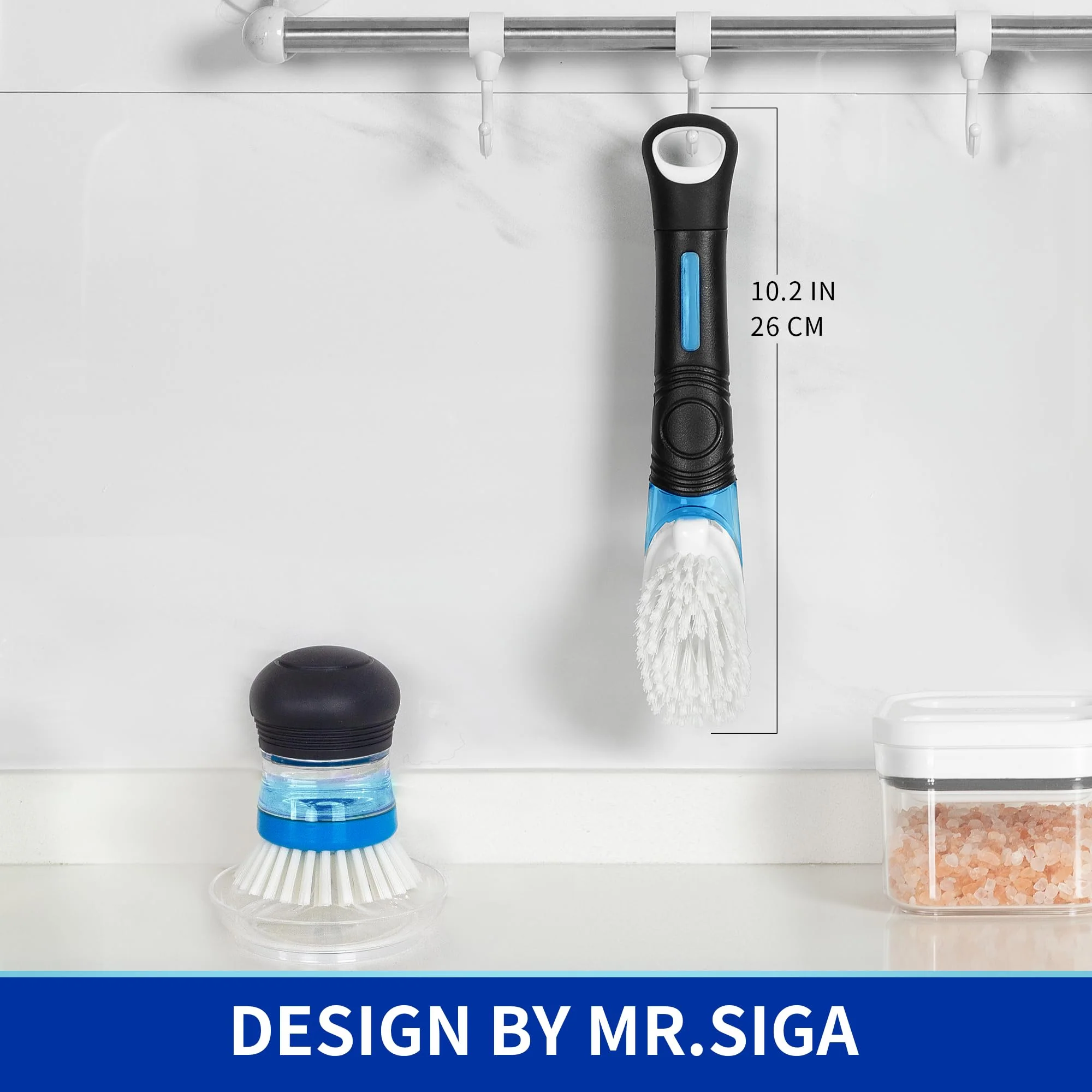 MR.SIGA Soap Dispensing Dish Brush, Kitchen Brush for Pot Pan Sink Cleaning, Black, Pack of 2 - Image 2