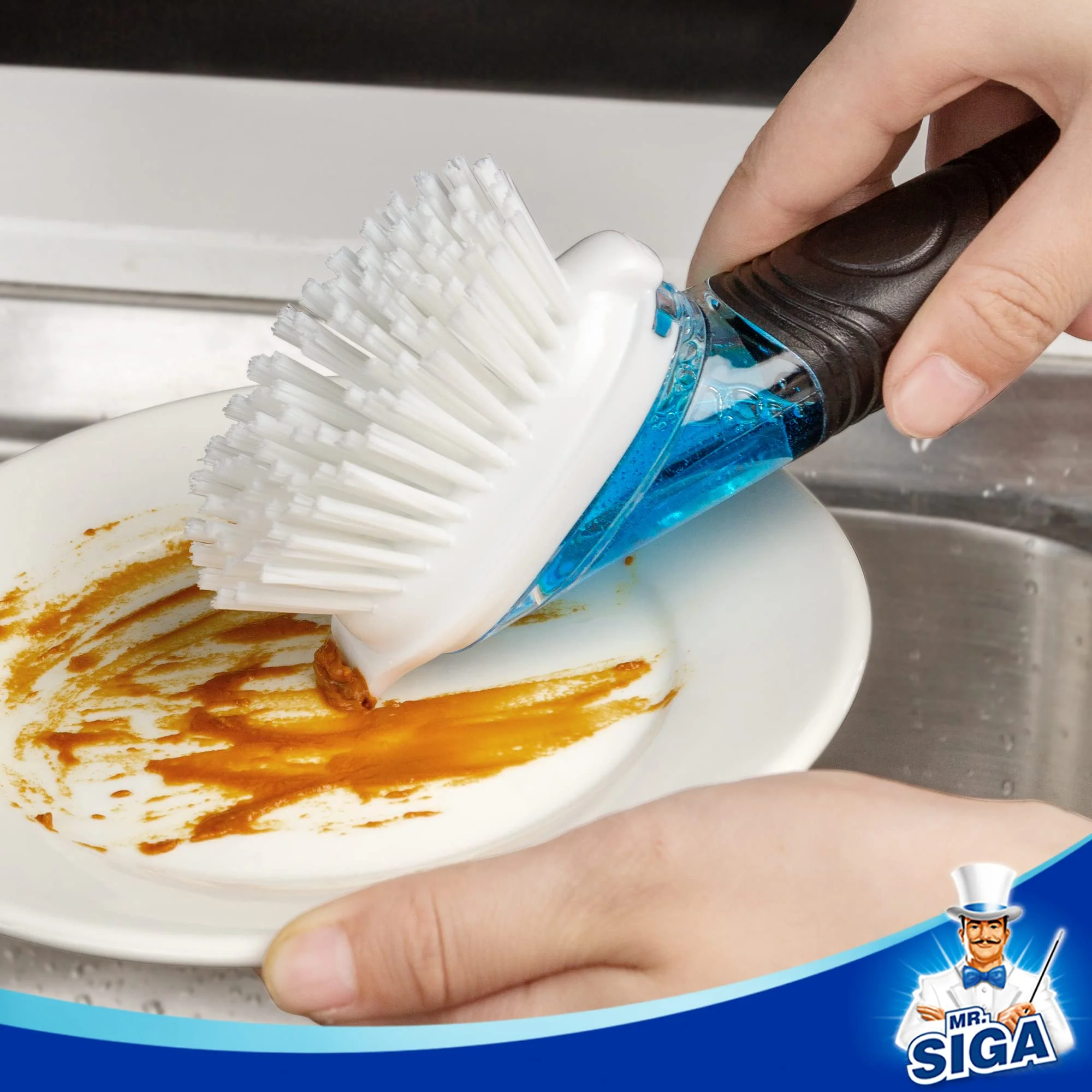 MR.SIGA Soap Dispensing Dish Brush, Kitchen Brush for Pot Pan Sink Cleaning, Black, Pack of 2 - Image 4