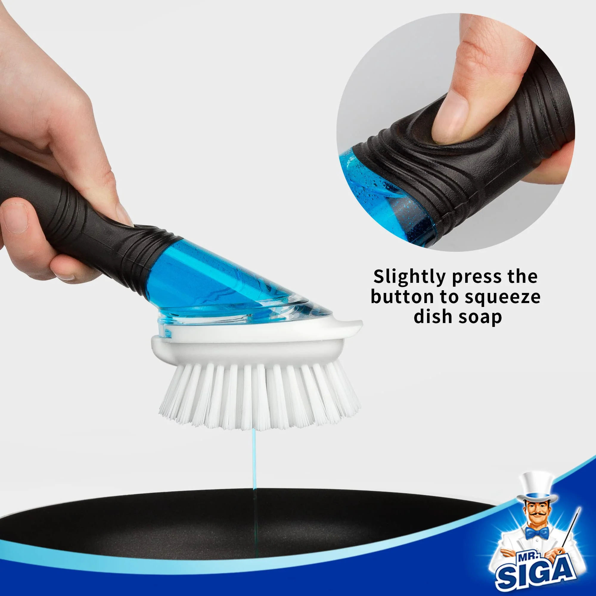 MR.SIGA Soap Dispensing Dish Brush, Kitchen Brush for Pot Pan Sink Cleaning, Black, Pack of 2 - Image 5