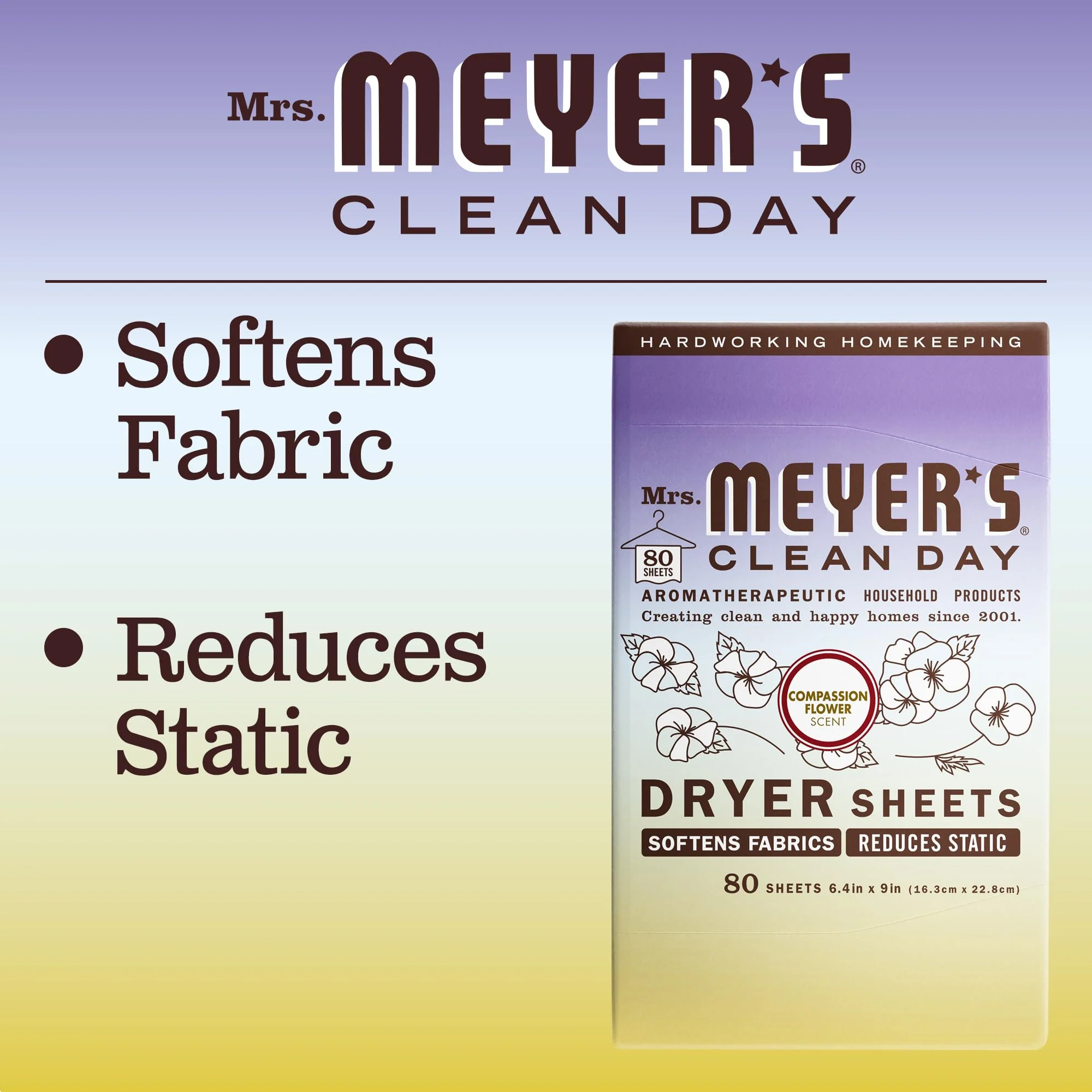 MRS. MEYER'S CLEAN DAY Dryer Sheets, Fabric Softener, Reduces Static, Infused with Essential Oils, Compassion Flower, 80 Count (Pack of 3) - Image 4