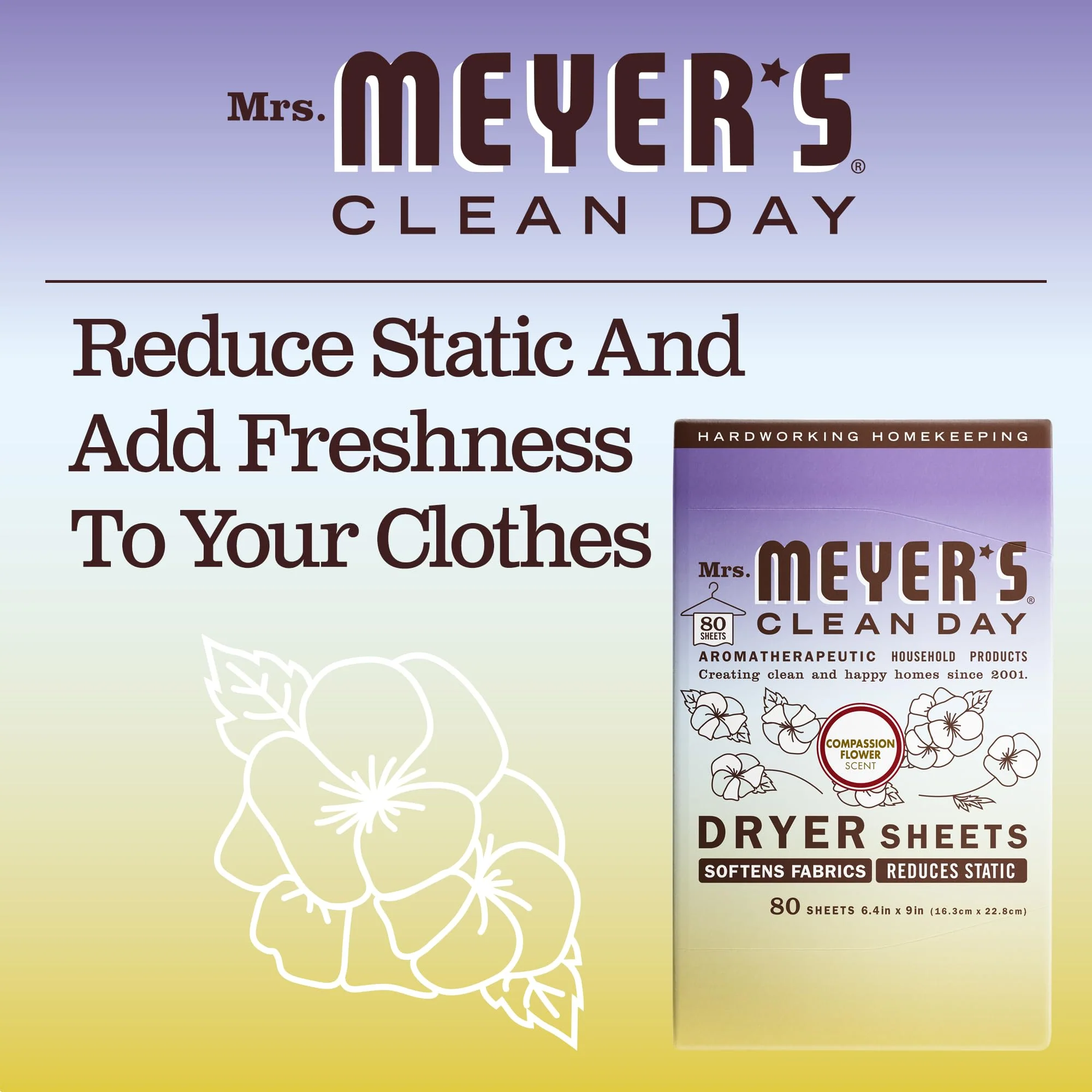MRS. MEYER'S CLEAN DAY Dryer Sheets, Fabric Softener, Reduces Static, Infused with Essential Oils, Compassion Flower, 80 Count (Pack of 3) - Image 5
