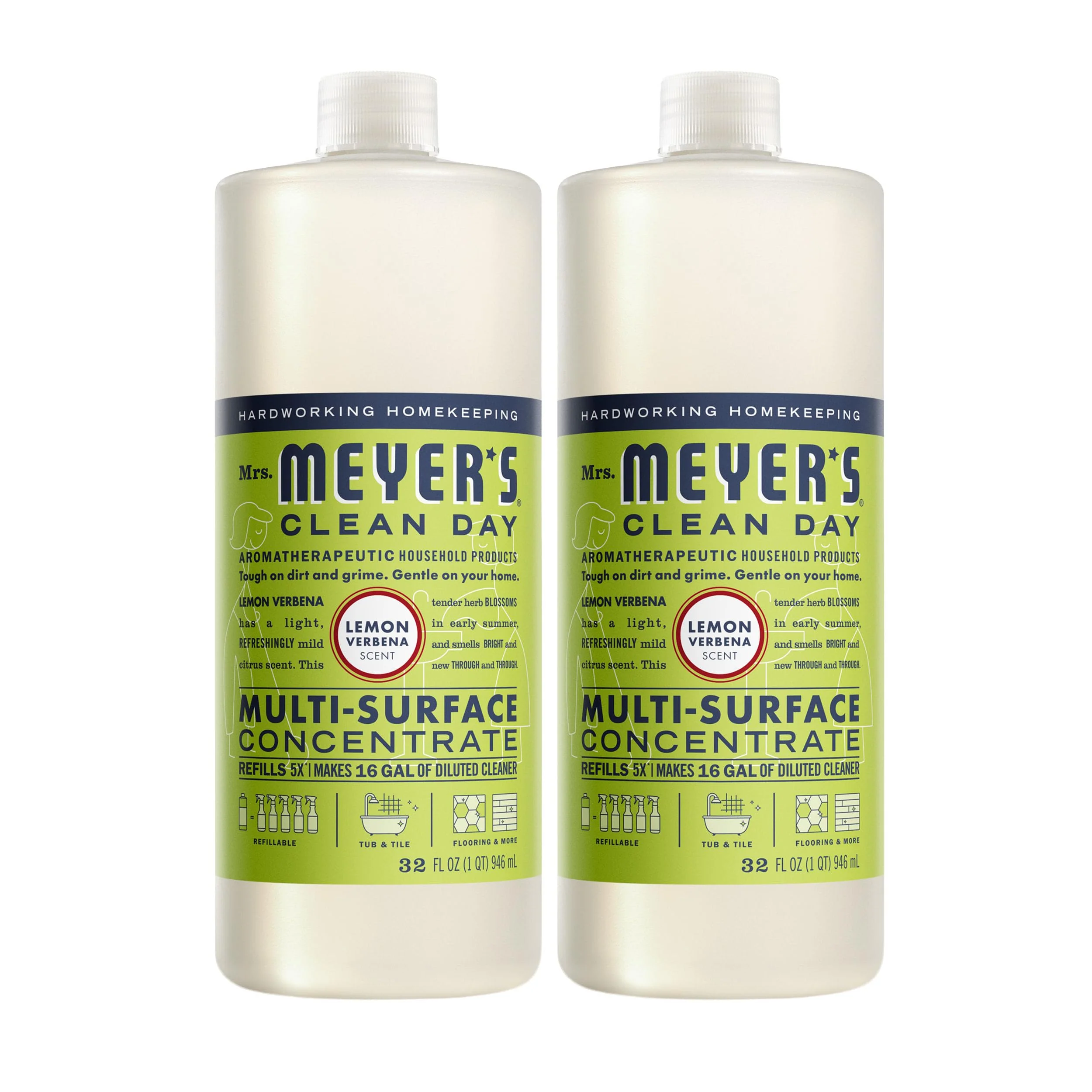 MRS. MEYER'S CLEAN DAY Multi-Surface Everyday Concentrate, Lemon Verbena Scent, 32 Fl Oz Bottle - 2 Pack