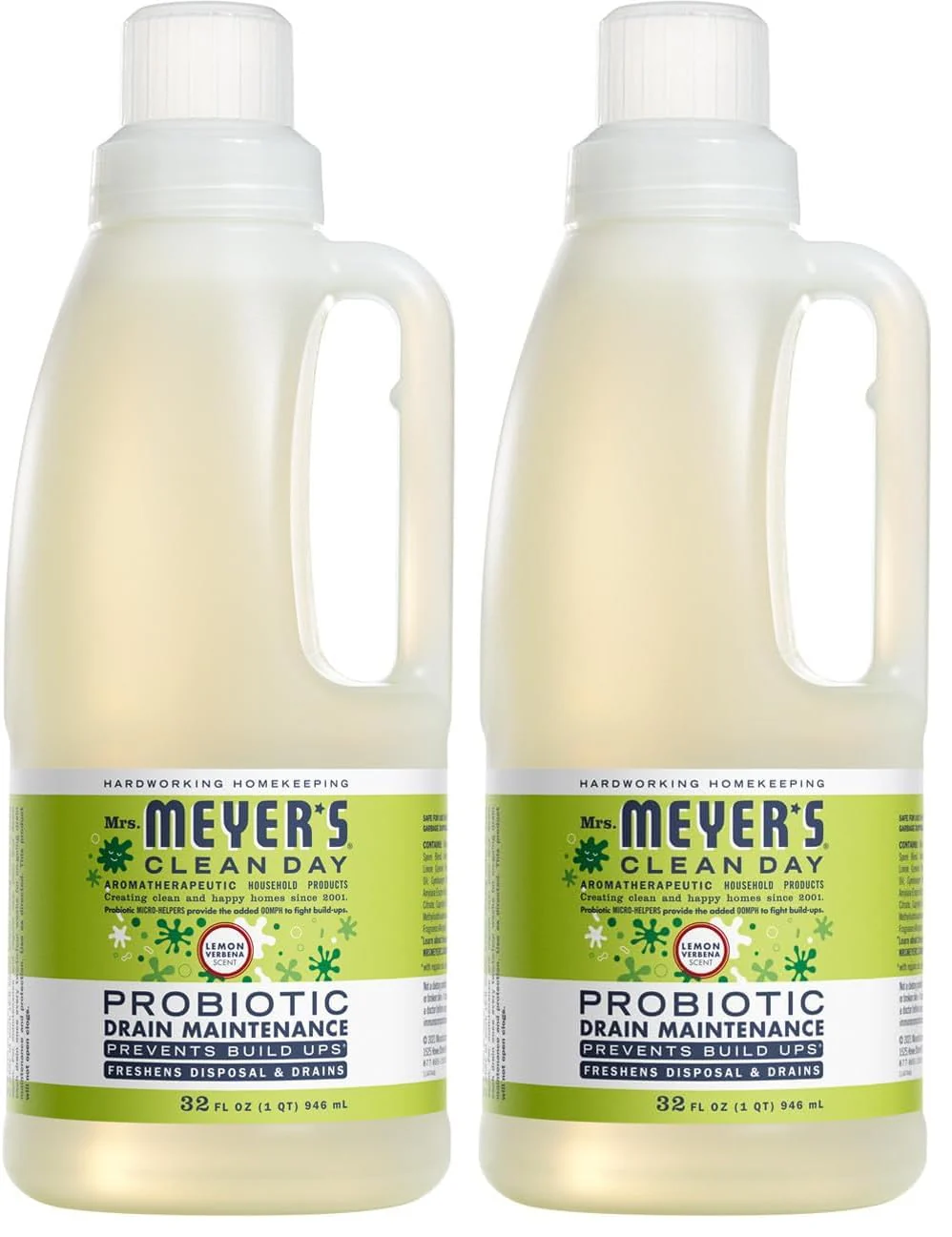 MRS. MEYER'S CLEAN DAY Probiotic Drain Maintenance Liquid,Lemon Verbena,Freshens Disposals and Drains,32 Fl Oz,(Pack of 2)