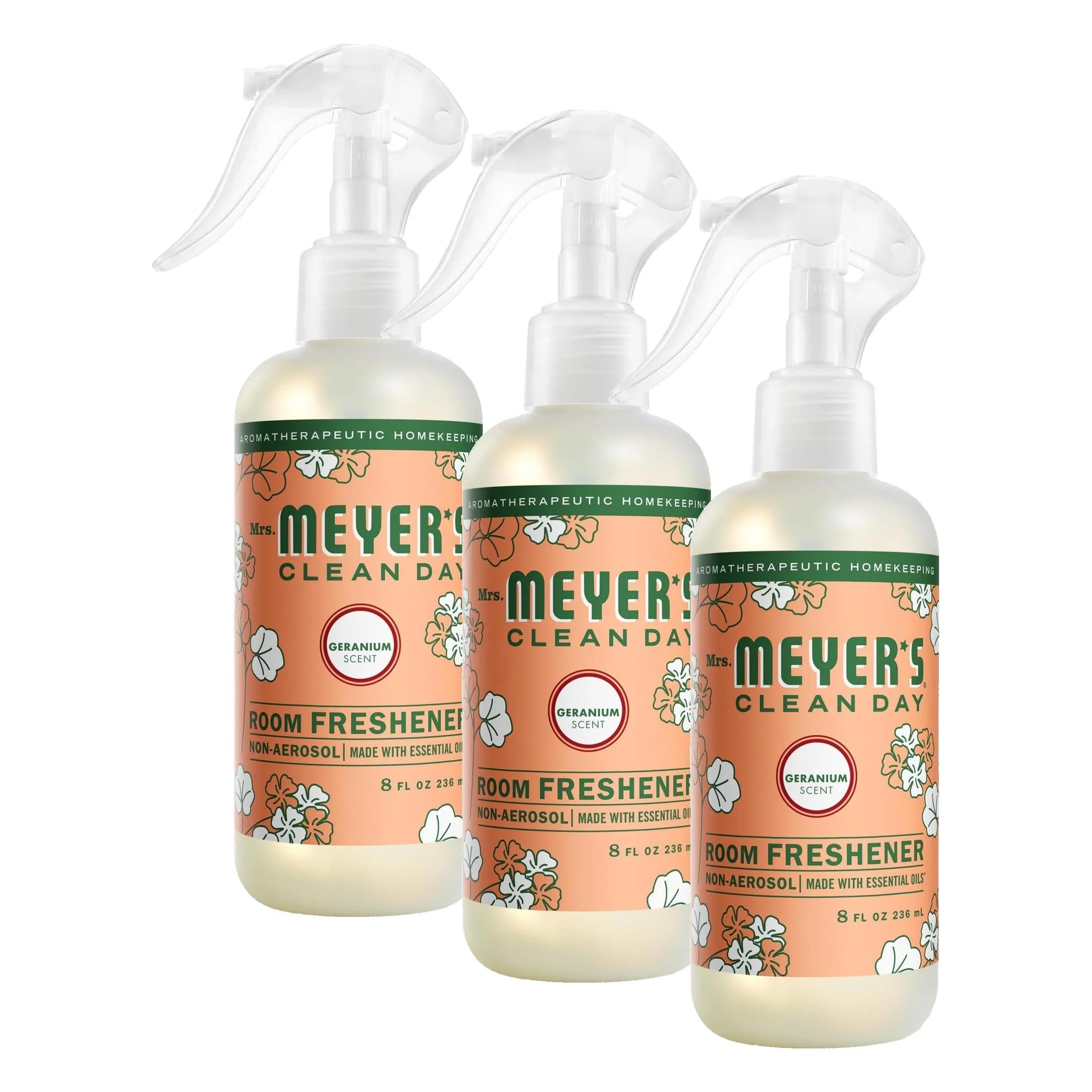 MRS. MEYER'S CLEAN DAY Room and Air Freshener Spray, Non-Aerosol Spray Bottle Infused with Essential Oils, Geranium, 8 Fl. Oz (Pack of 3)