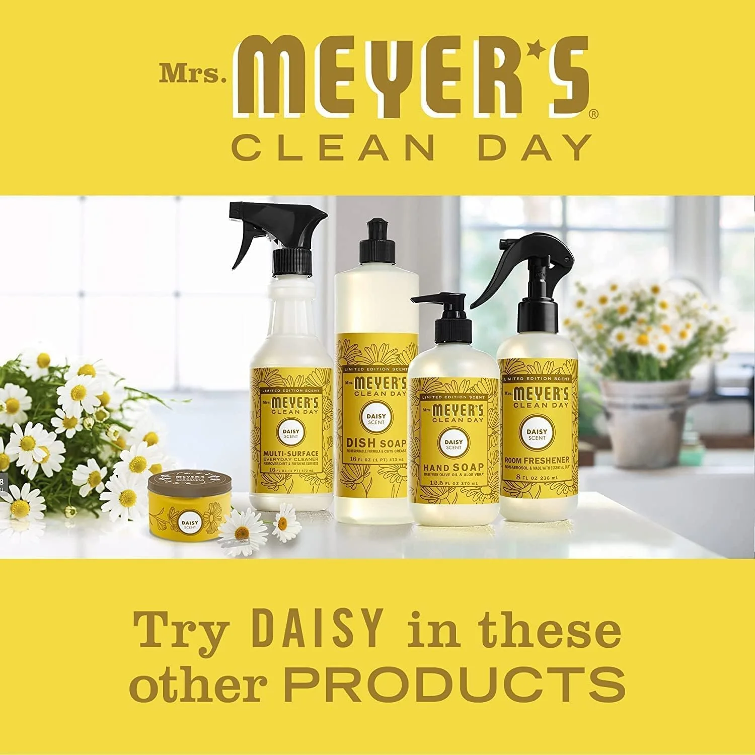 Mrs. MEYER'S Variety, 1 Room Freshener, 8 OZ, 1 Liquid Dish Soap, 16 OZ, 1 Liquid Hand Soap,12.5 OZ, 1 Multi-Surface Cleaner 16 OZ, 1 CT (Daisy) - Image 2