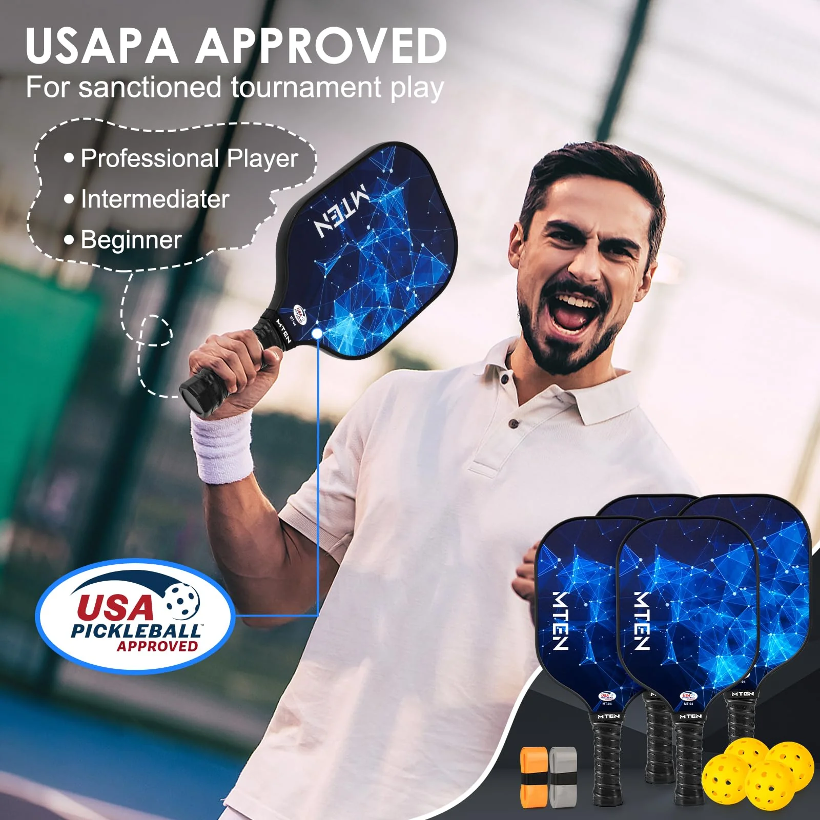 MTEN Pickleball Paddles, USAPA Approved Fiberglass Surface Pickleball Set of 4 Pickleball Rackets, Pickle Ball Paddle Set for Beginners & Pros - Image 9