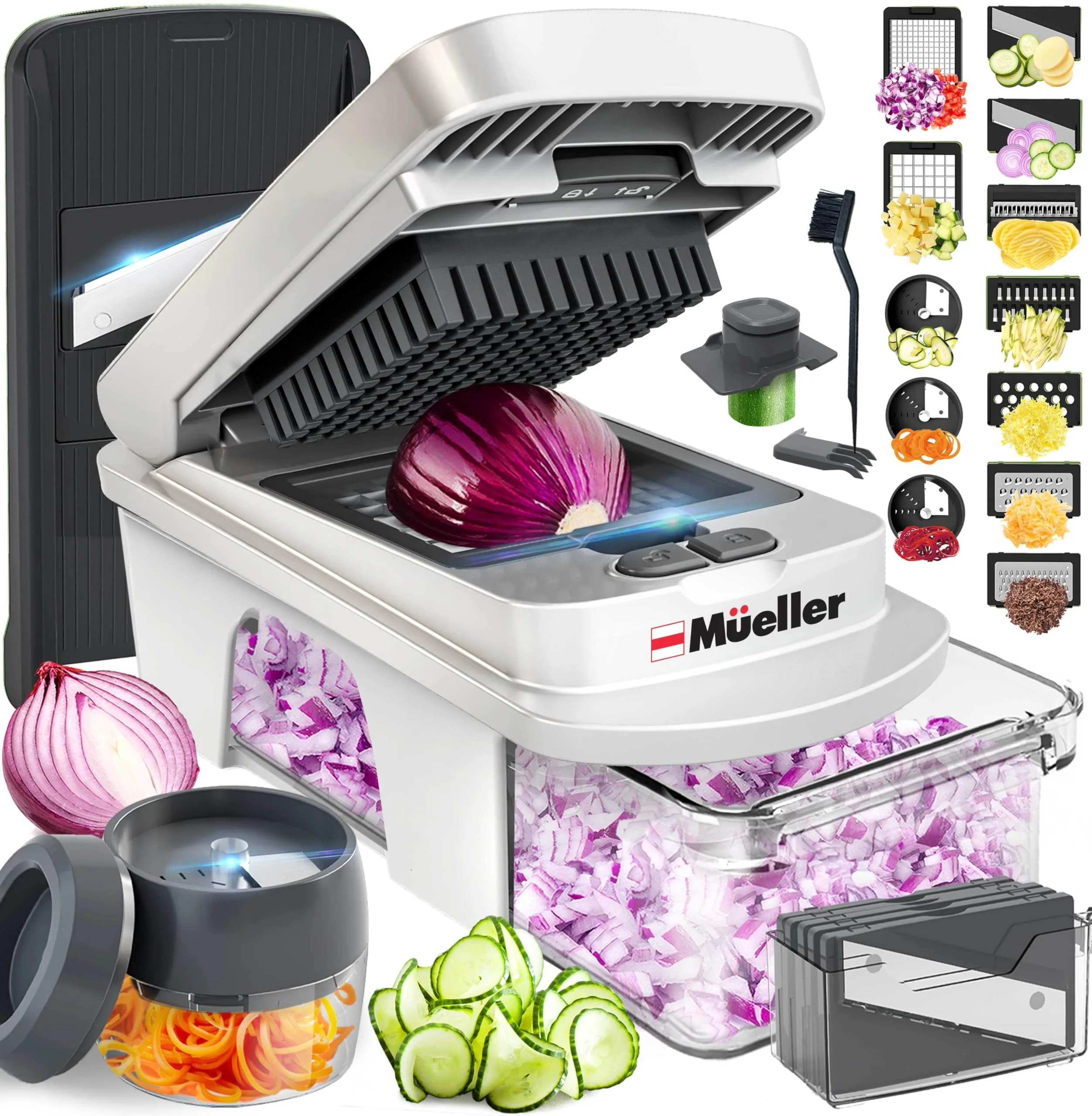 Mueller Pro-Series All-in-One, 12 Blade Mandoline Slicer for Kitchen, Food Chopper, Vegetable Slicer and Spiralizer, Cutter, Dicer, Grater, Kitchen Gadgets Sets with Container, White Sand/Gray - Image 2