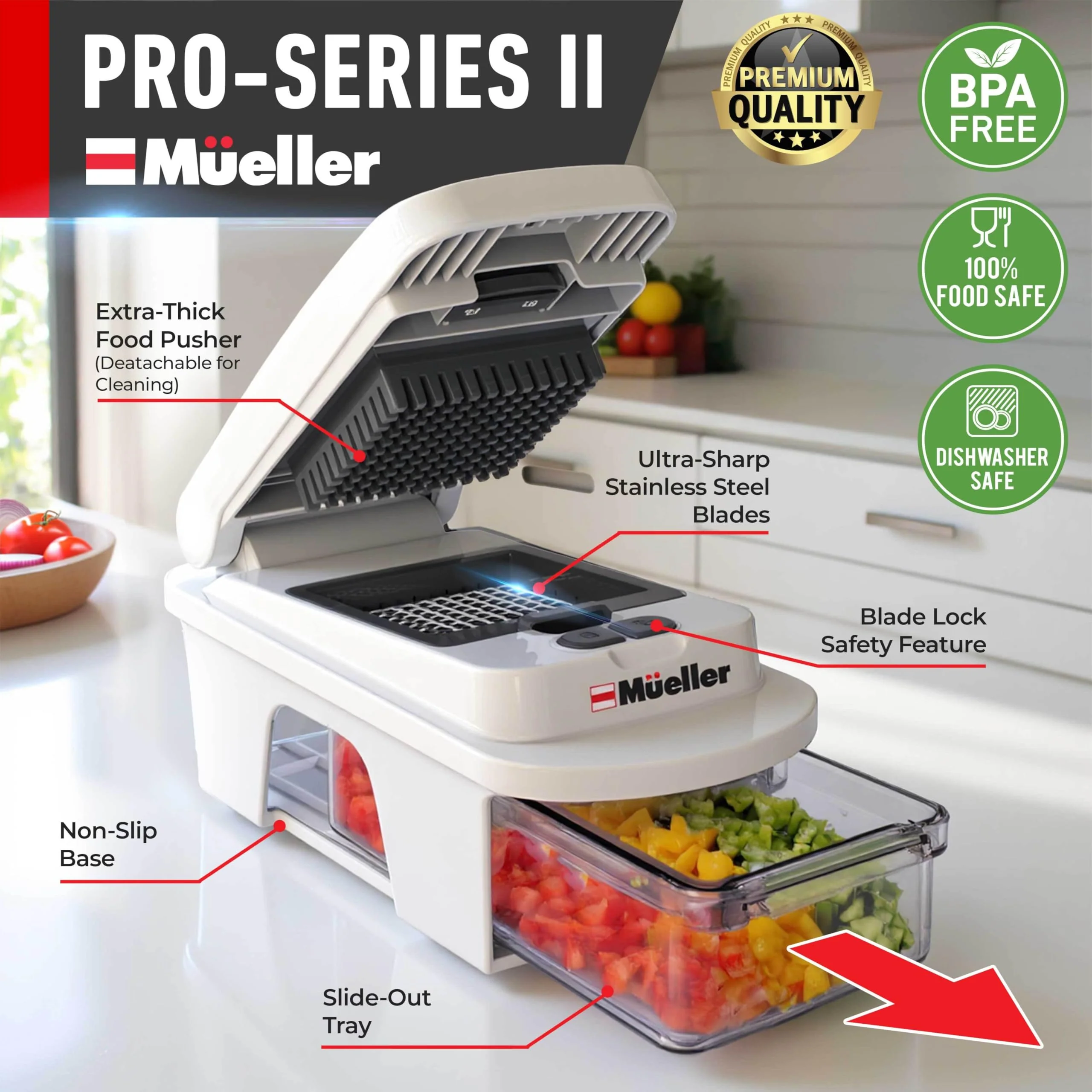 Mueller Pro-Series All-in-One, 12 Blade Mandoline Slicer for Kitchen, Food Chopper, Vegetable Slicer and Spiralizer, Cutter, Dicer, Grater, Kitchen Gadgets Sets with Container, White Sand/Gray - Image 3