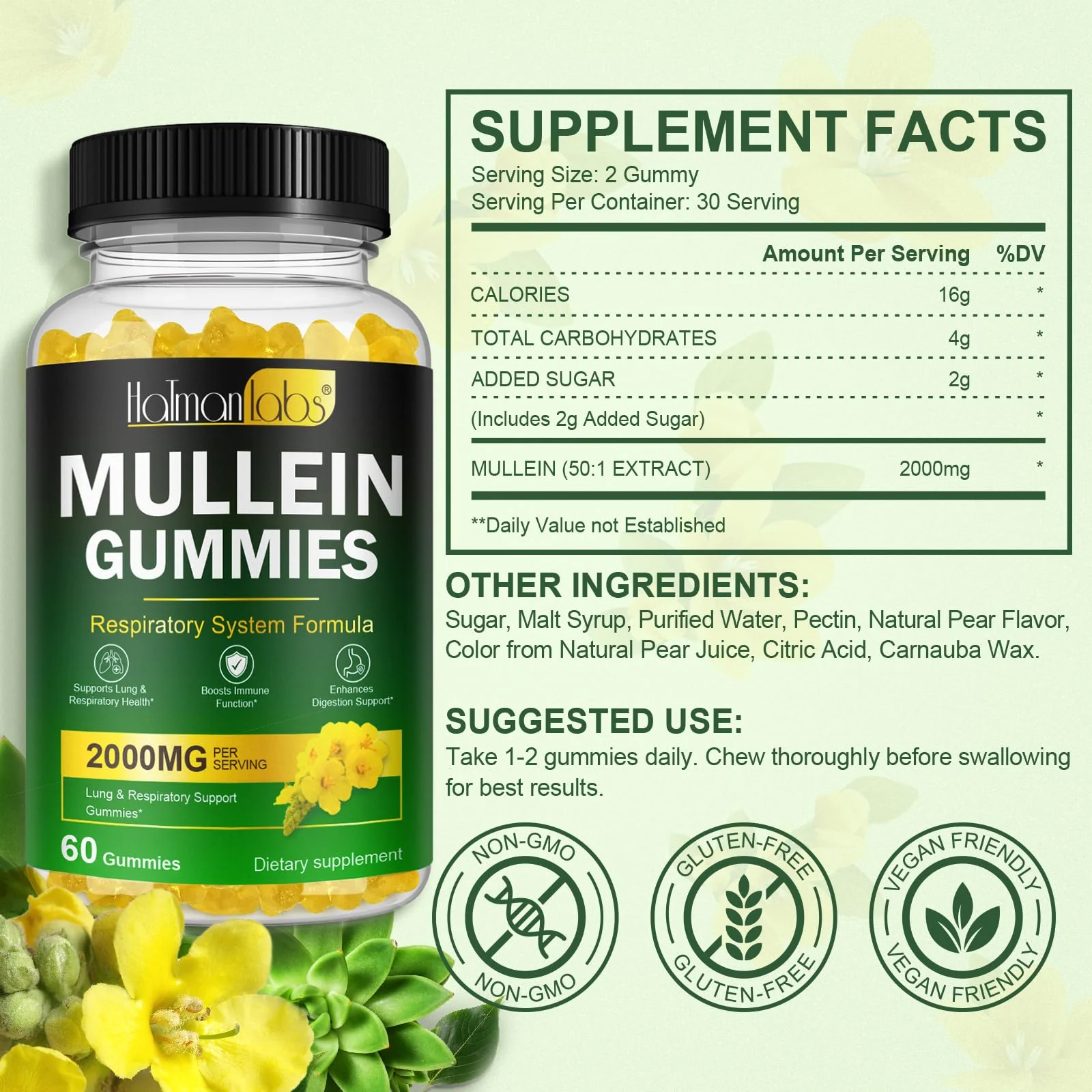 Mullein Gummies for Lungs, Mullein Extract for Smokers - Support Lung & Respiratory Health, Soothes Throat Irritation, Boost Immune - Mullein Leaf Extract for Lungs, Breathe Easier (2 Pack) - Image 6