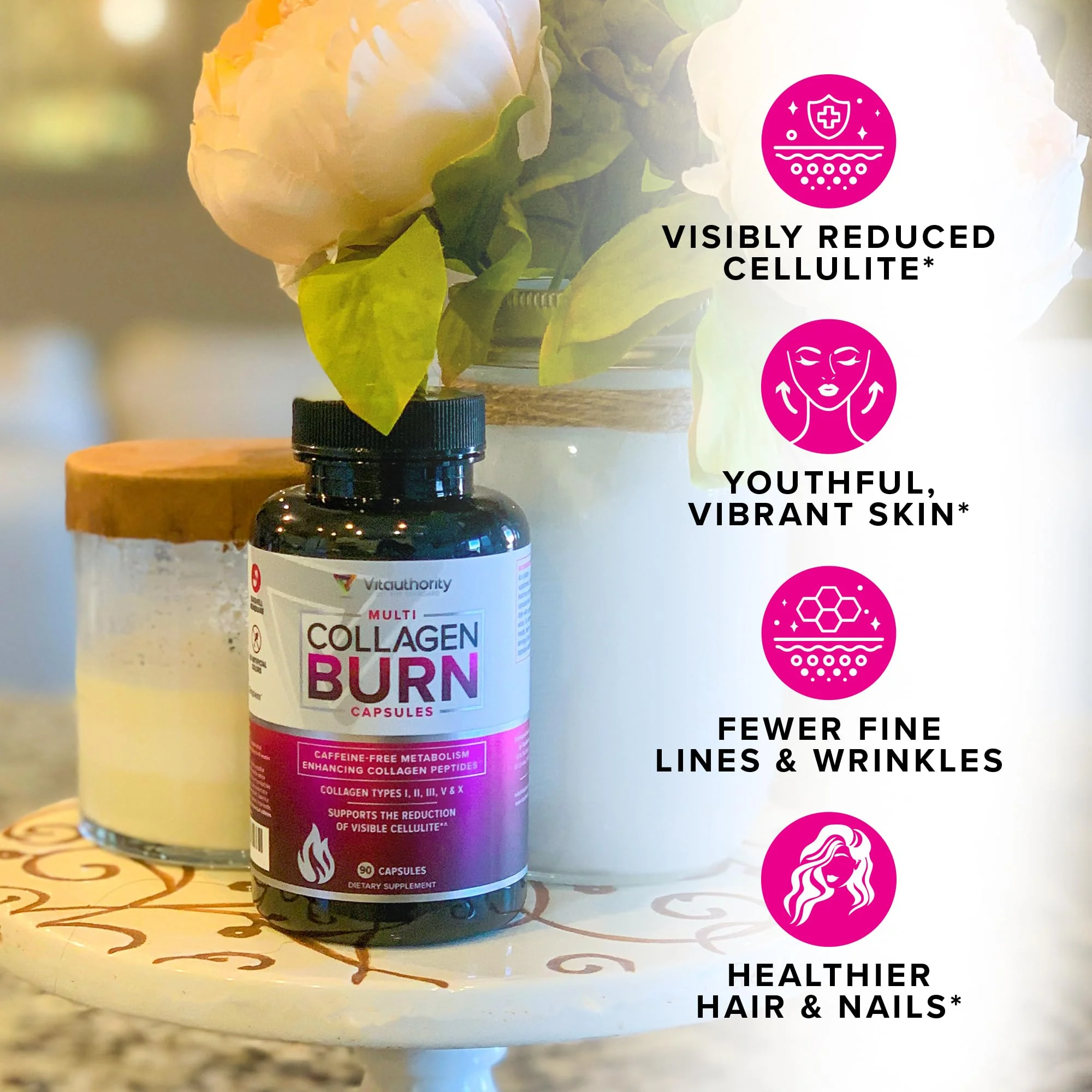 Multi Collagen Burn: Multi-Type Hydrolyzed Protein Peptides with Hyaluronic Acid, Vitamin C, SOD B Dimpless, Types I, II, III, V and X, Caffeine-Free (Unflavored Capsules) - Image 6