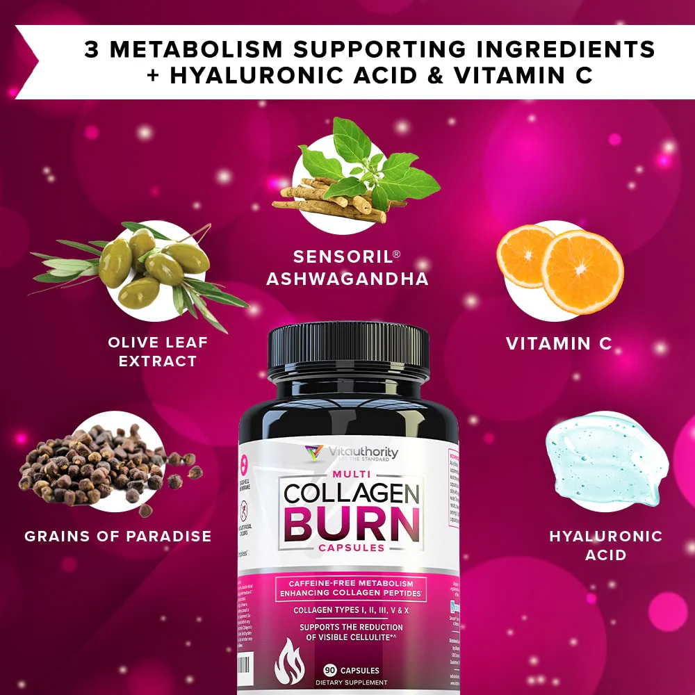 Multi Collagen Burn: Multi-Type Hydrolyzed Protein Peptides with Hyaluronic Acid, Vitamin C, SOD B Dimpless, Types I, II, III, V and X, Caffeine-Free (Unflavored Capsules) - Image 8