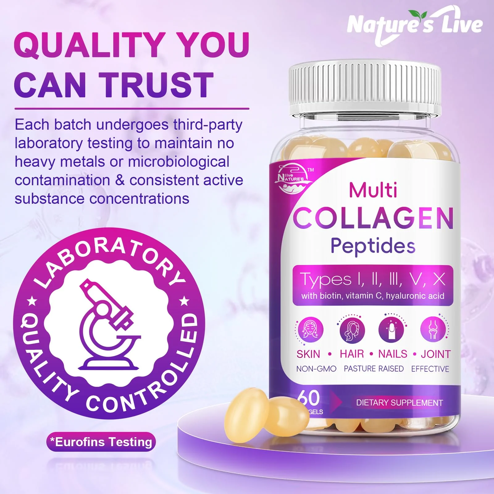 Multi Collagen Peptides Softgel - Type I, II, III, V, X - Hydrolyzed Collagen Peptides with Biotin, Vitamin C, Hyaluronic Acid, Supports Skin Hair Nail, Grass-Fed, Non-GMO, 60 Softgel, 3 Pack - Image 4