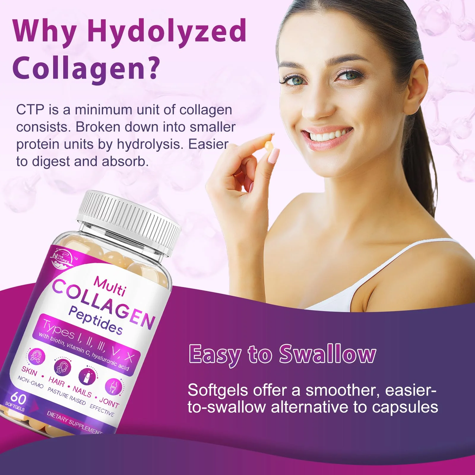 Multi Collagen Peptides Softgel - Type I, II, III, V, X - Hydrolyzed Collagen Peptides with Biotin, Vitamin C, Hyaluronic Acid, Supports Skin Hair Nail, Grass-Fed, Non-GMO, 60 Softgel, 3 Pack - Image 5