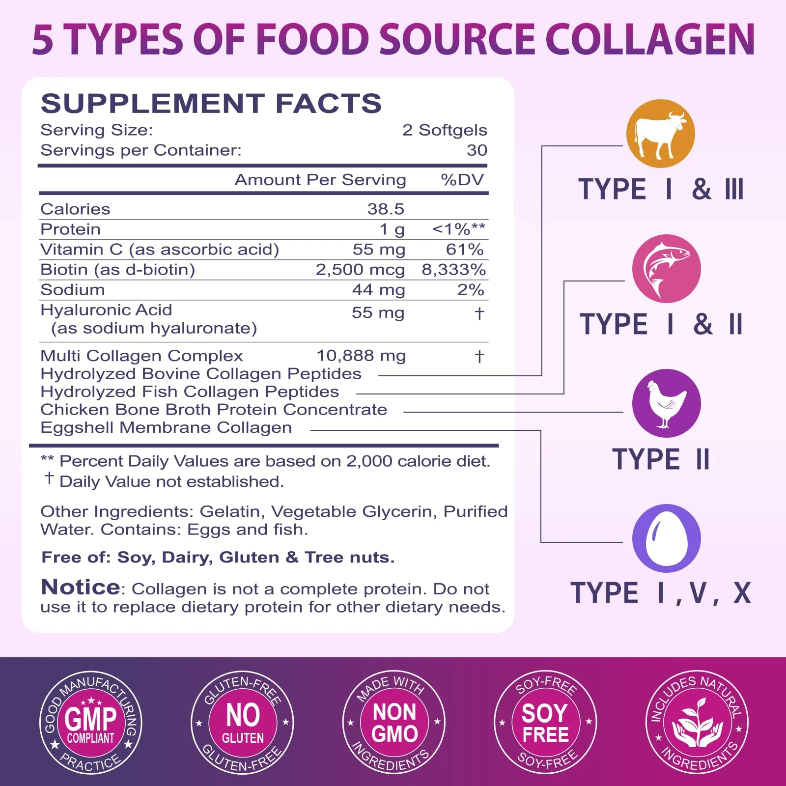 Multi Collagen Peptides Softgel - Type I, II, III, V, X - Hydrolyzed Collagen Peptides with Biotin, Vitamin C, Hyaluronic Acid, Supports Skin Hair Nail, Grass-Fed, Non-GMO, 60 Softgel, 3 Pack - Image 8