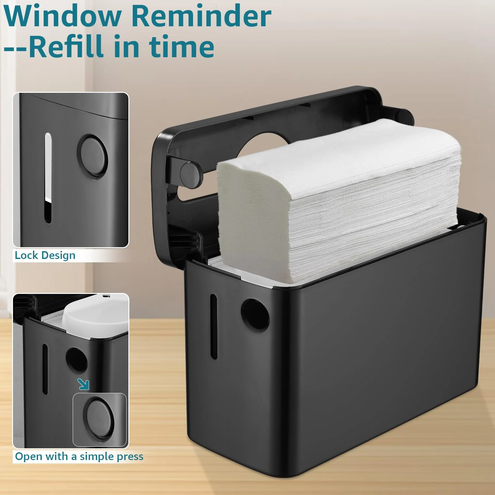Multifold Paper Towel Dispenser Countertop, Heavy Duty Wide-Design, 300-Sheet Large Capacity Black Paper Towel Holder, Compatible with Tork, AmazonCommercial, Kleenex, Scott, Pacific Multifold Towels - Image 7