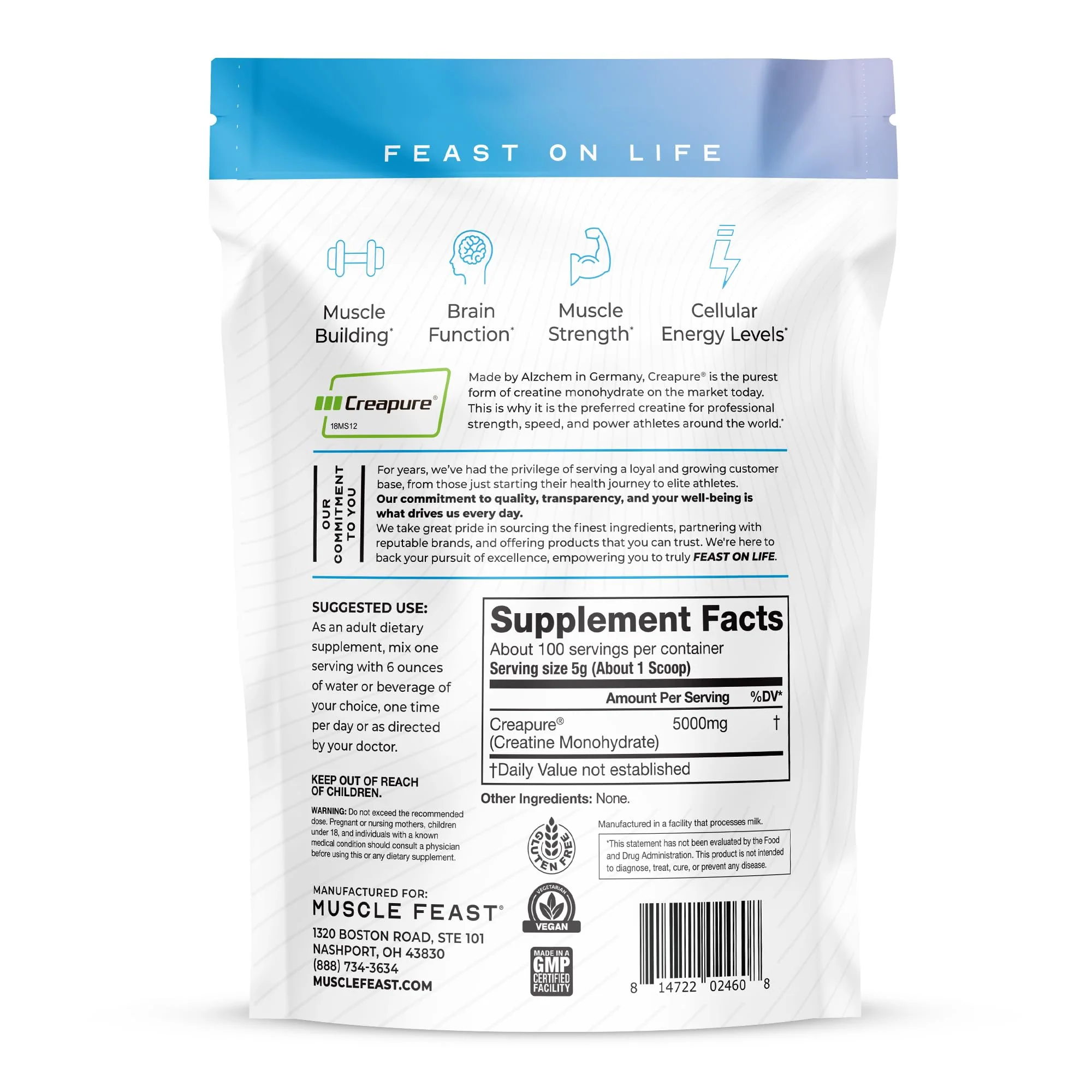 Muscle Feast Creapure Creatine Monohydrate Powder, Vegan Keto Friendly Gluten-Free, Mass Gainer, Muscle Recovery Supplement and Trusted Creatine for Muscle Growth, Creatine Powder, Unflavored, 500g