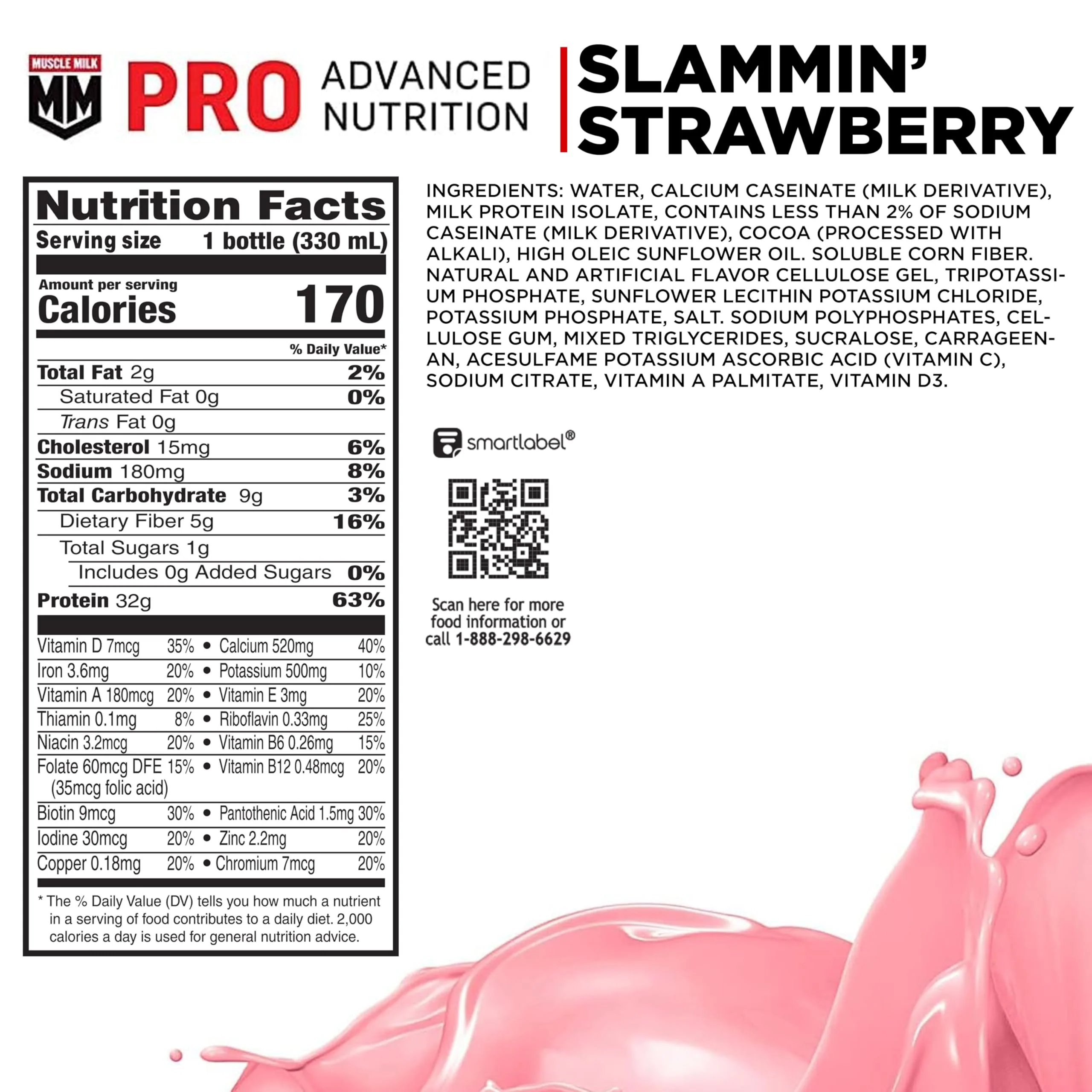 Muscle Milk Pro Advanced Nutrition Protein Shake, Slammin' Strawberry, 11.16 Fl Oz, 32g Protein, 1g Sugar, 16 Vitamins & Minerals, 5g Fiber, Bottled Liquid, Gluten Free, (Pack of 24) - Image 2
