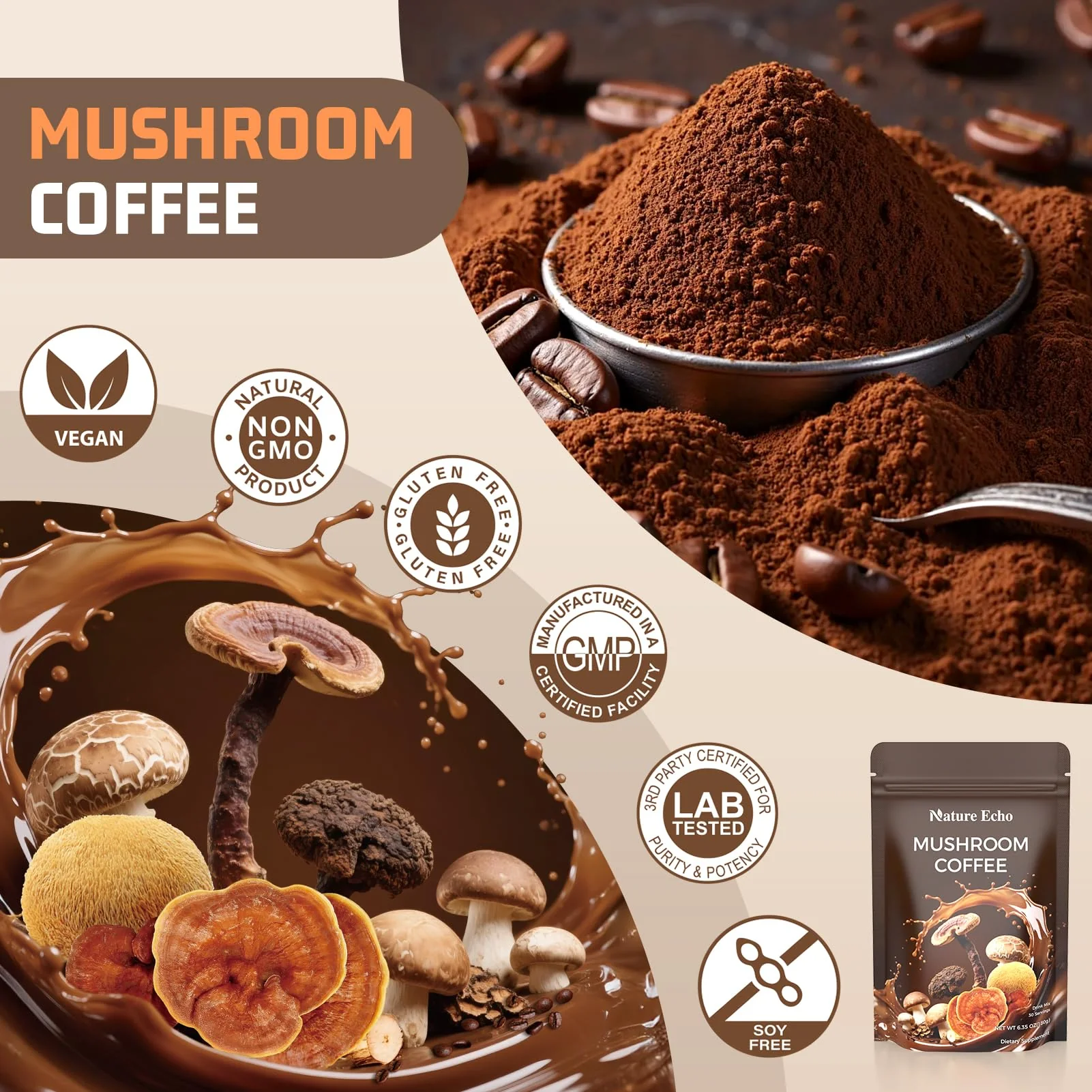 Mushroom Coffee 11 in 1 Mushrooms with Ashwagandha, Lion's Mane, Reishi, Cordyceps, Shiitake, King Oyster & Turkey Tail,Instant Coffee Powder for Energy, Focus, Memory & Immunity Support(30 Servings) - Image 6