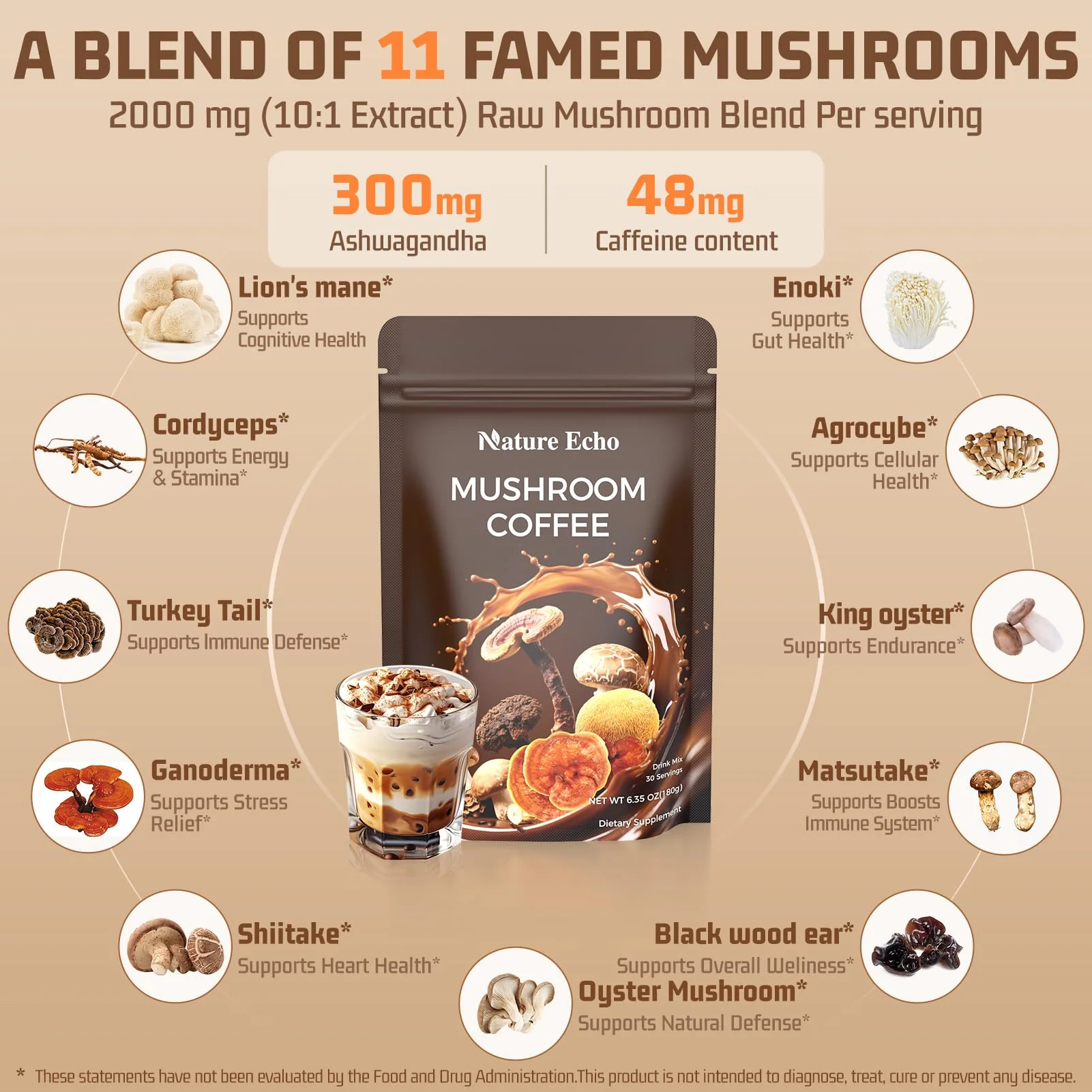 Mushroom Coffee 11 in 1 Mushrooms with Ashwagandha, Lion's Mane, Reishi, Cordyceps, Shiitake, King Oyster & Turkey Tail,Instant Coffee Powder for Energy, Focus, Memory & Immunity Support(30 Servings) - Image 7