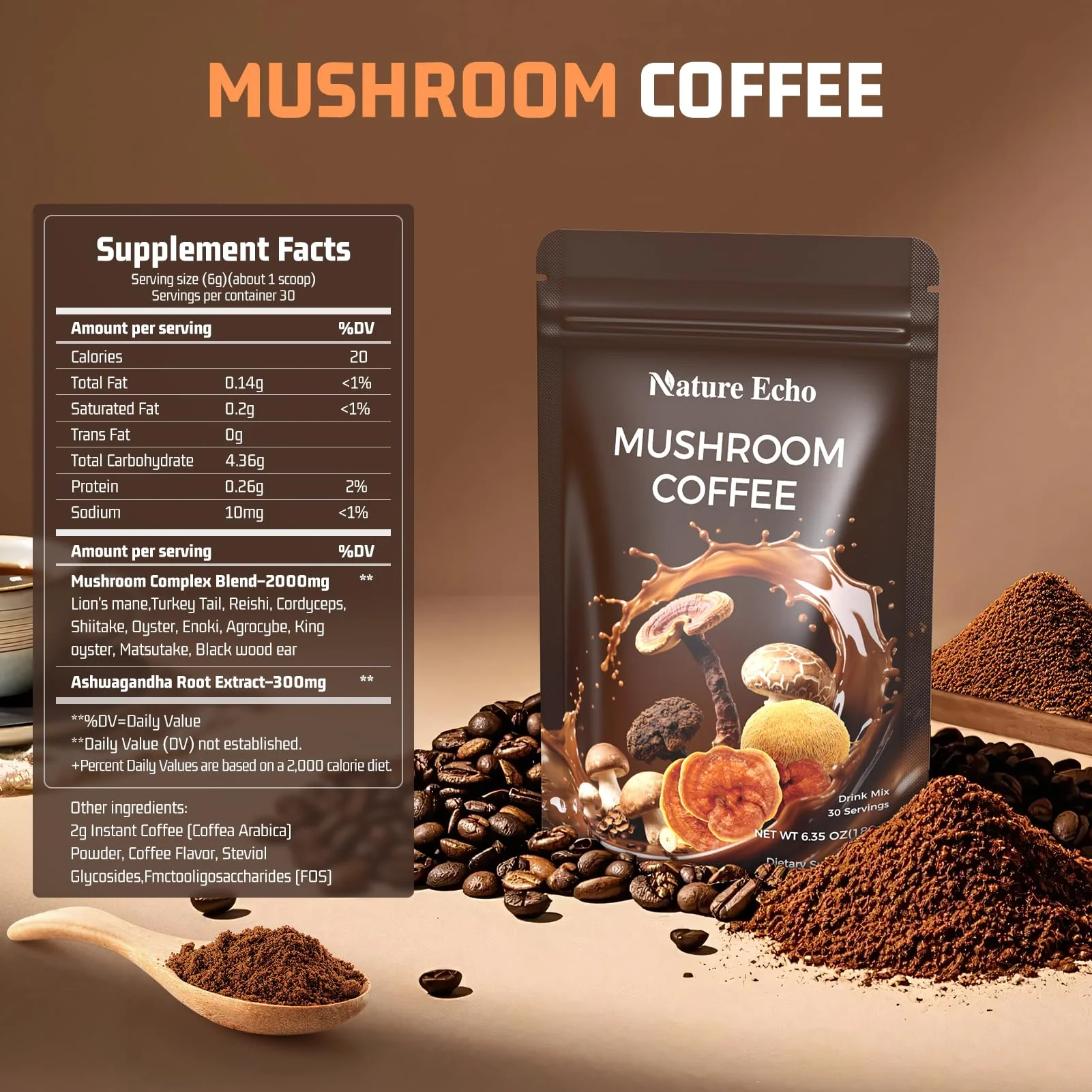Mushroom Coffee 11 in 1 Mushrooms with Ashwagandha, Lion's Mane, Reishi, Cordyceps, Shiitake, King Oyster & Turkey Tail,Instant Coffee Powder for Energy, Focus, Memory & Immunity Support(30 Servings) - Image 8