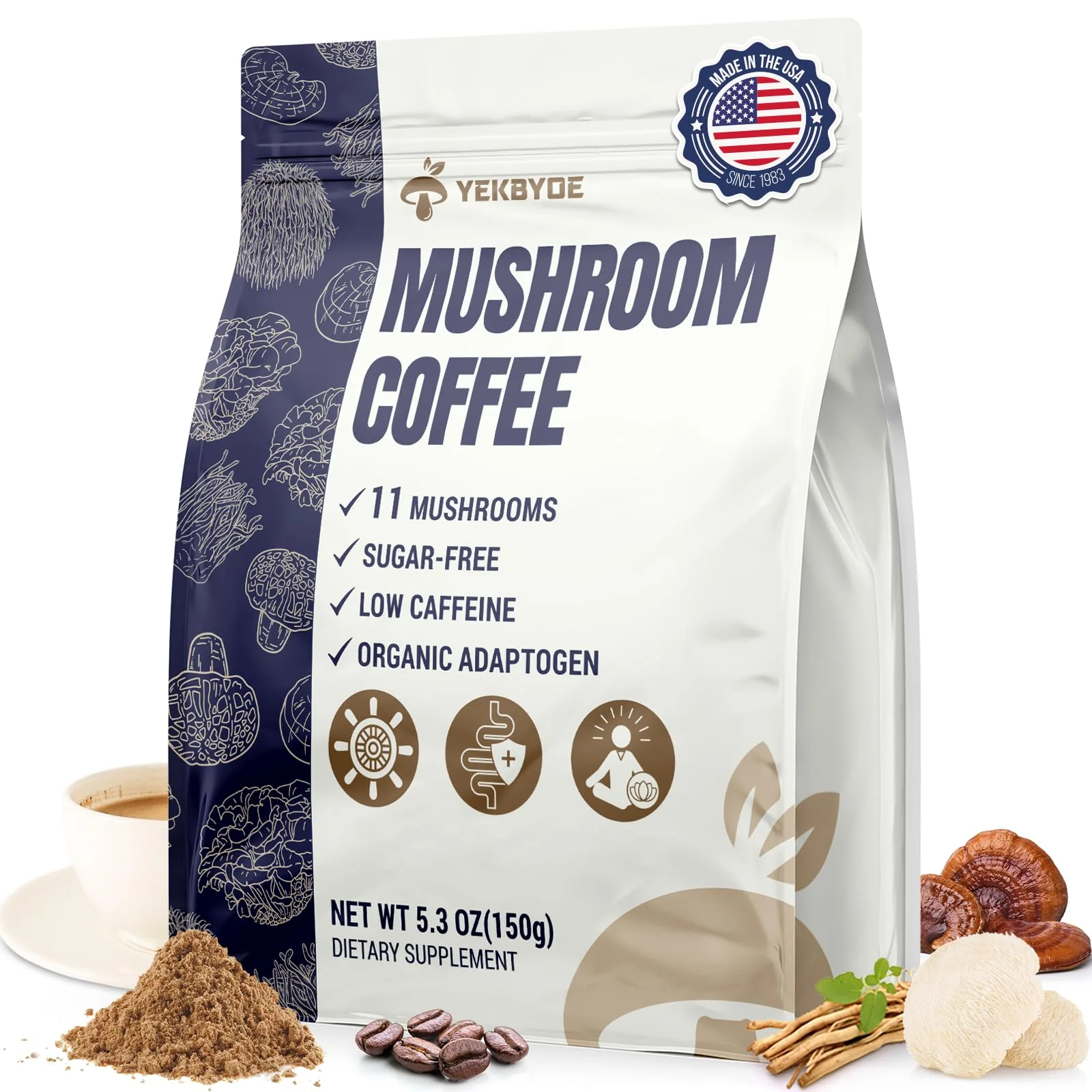 Mushroom Coffee, 11 Superfood Mushrooms includes Lion's Mane, Reishi, Chaga & Ashwagandha, Instant Mushroom Coffee Organic for Energy, Memory, Digestion & Detox, Low Caffeine & Sugar Free, 5.3oz