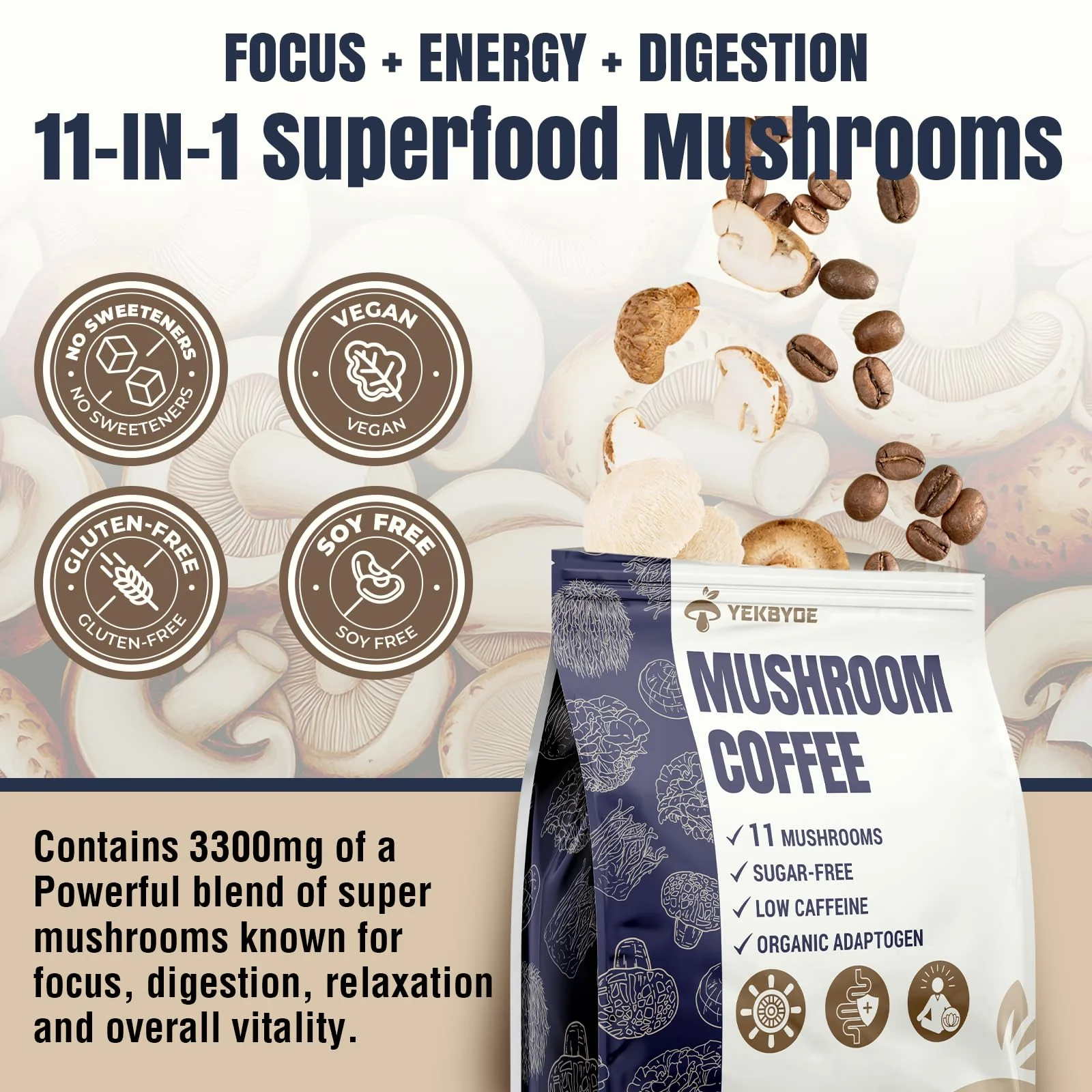 Mushroom Coffee, 11 Superfood Mushrooms includes Lion's Mane, Reishi, Chaga & Ashwagandha, Instant Mushroom Coffee Organic for Energy, Memory, Digestion & Detox, Low Caffeine & Sugar Free, 5.3oz - Image 2