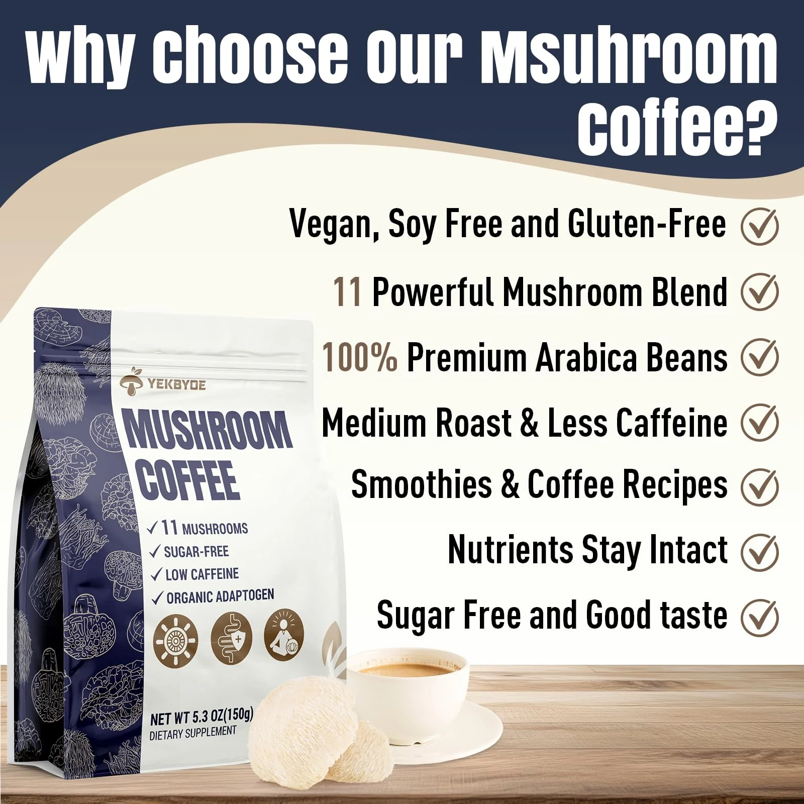 Mushroom Coffee, 11 Superfood Mushrooms includes Lion's Mane, Reishi, Chaga & Ashwagandha, Instant Mushroom Coffee Organic for Energy, Memory, Digestion & Detox, Low Caffeine & Sugar Free, 5.3oz - Image 7