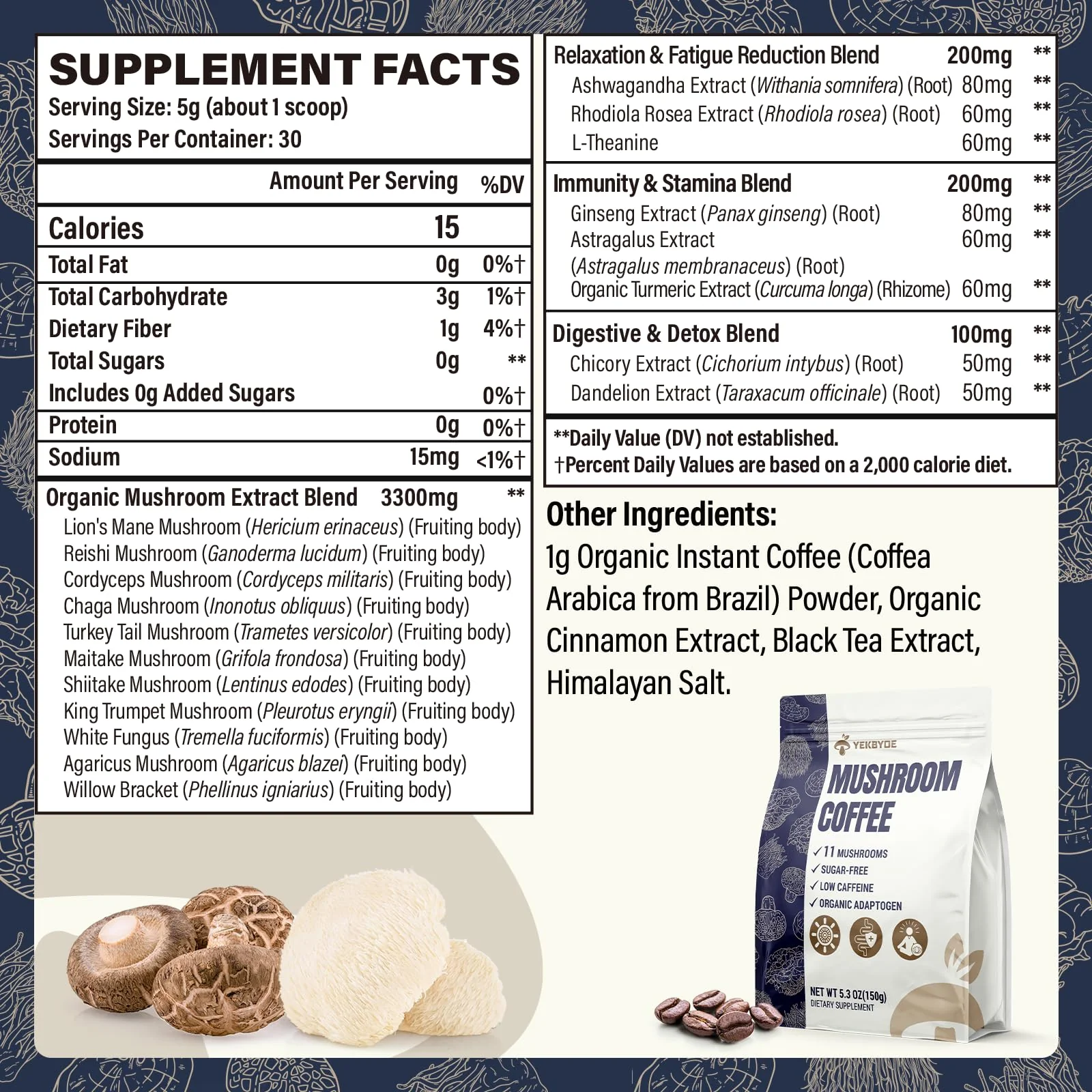 Mushroom Coffee, 11 Superfood Mushrooms includes Lion's Mane, Reishi, Chaga & Ashwagandha, Instant Mushroom Coffee Organic for Energy, Memory, Digestion & Detox, Low Caffeine & Sugar Free, 5.3oz - Image 9
