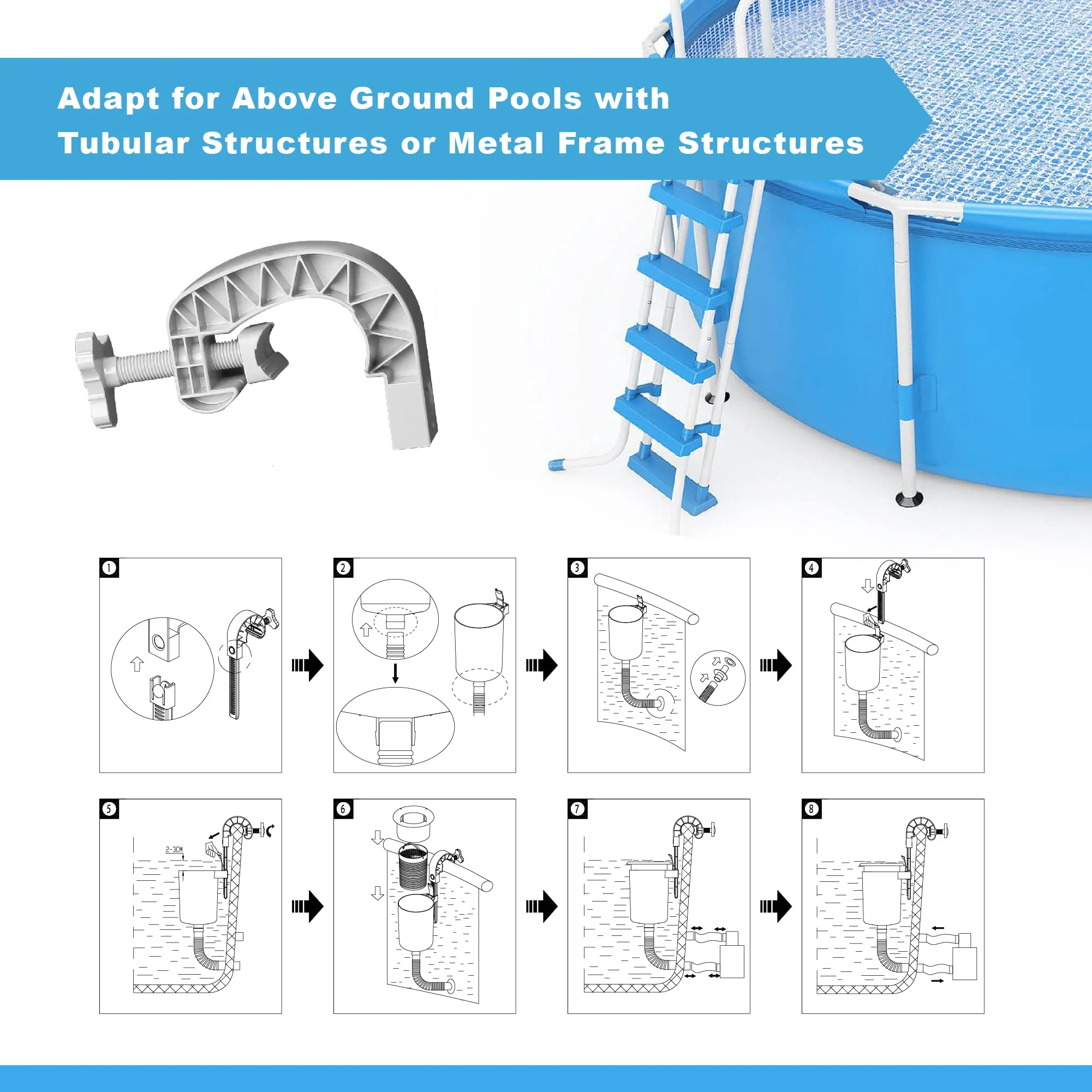 MUWOOB Above Ground Pool Skimmer with 5 Skimmer Socks, Wall Mount Surface Skimmer with Hose & Basket, Compatible with Intex Pools, Adjustable Floating Filter, Automatically Removes Leaves & Debris - Image 3
