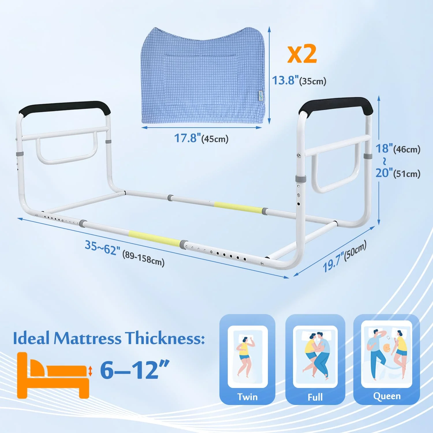 Mybow Double Bed Rail, U Bar for Medical Bedside Safety Assisting Rails, Railing Support for Elderly Adults Under Mattress Handrail, Hospital Dual Bed Rails for Seniors Twin Full Queen Adjustable Rail - Image 6