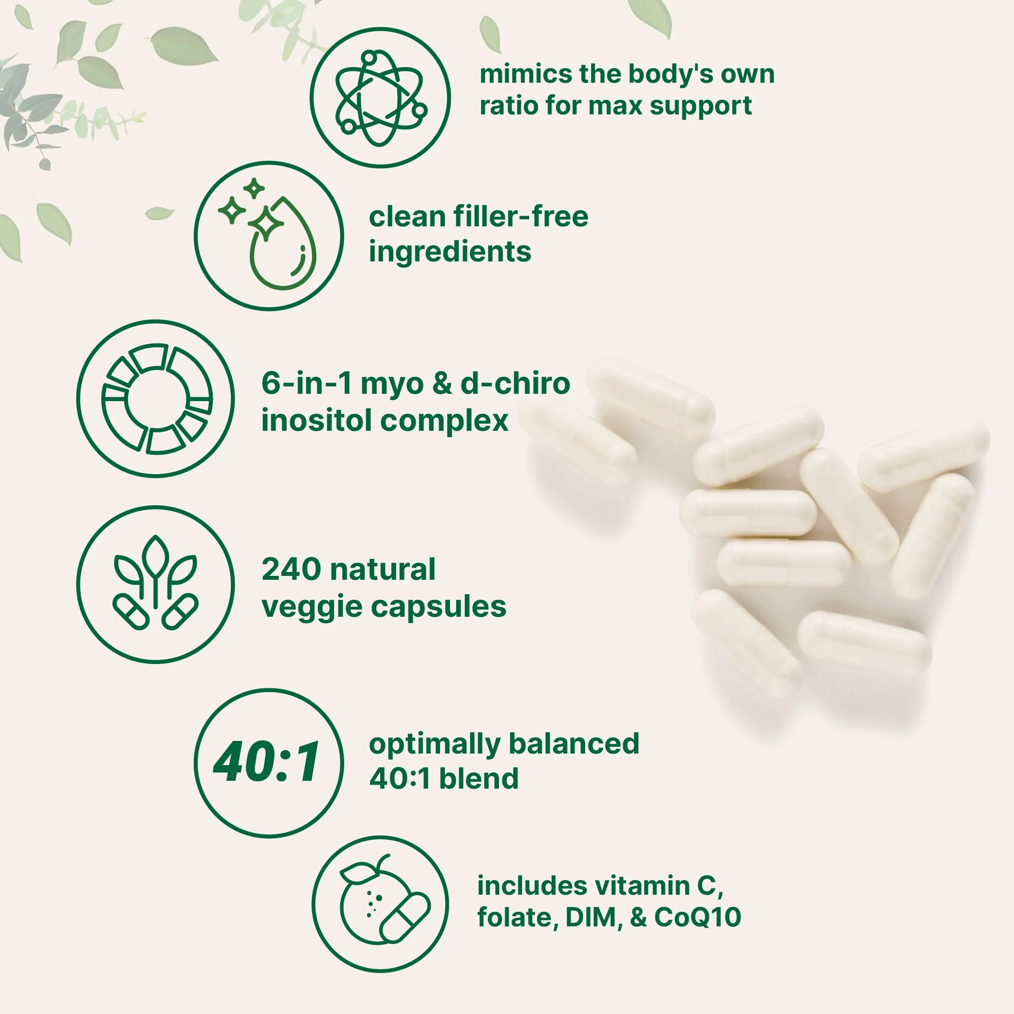Myo-Inositol & D-Chiro Inositol 2,050mg | 240 Veggie Capsules + Vitamin C, Folate, DIM, & CoQ10 | Inositol Supplement for Women | 40:1 Ratio | Hormonal Balance & Ovarian Support | Filler Free - Image 6
