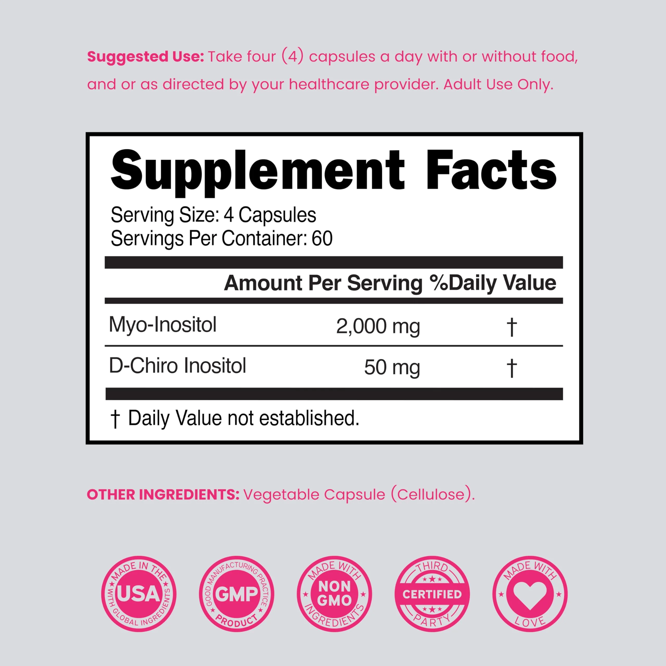Myo-Inositol & D-Chiro Inositol Supplement For Women (240 Capsules, 2050mg Per Serving Ideal 40:1 Ratio Myo Inositol) Hormone Balance for Women - Third Party Tested, Vegan Safe & USA Made - 240 Count - Image 6