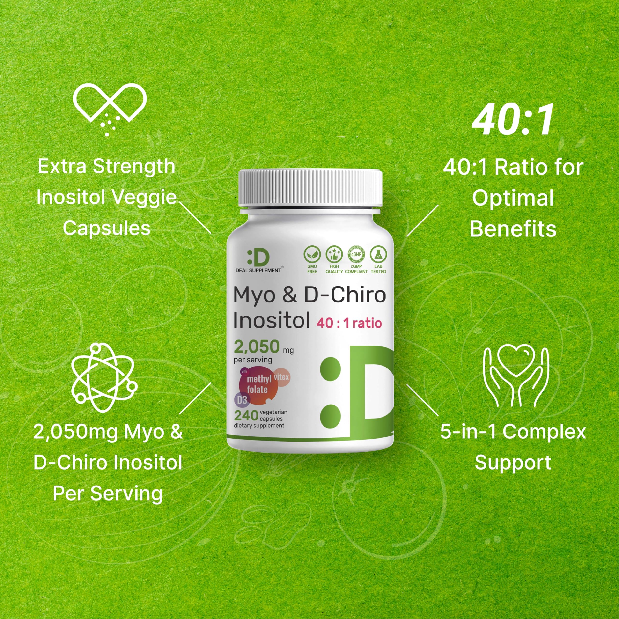Myo-Inositol & D-Chiro Inositol Supplement for Women (40:1) | 2,050mg Per Serving | 240 Veggie Capsules | with Folate, Vitamin D3 & Vitex | Hormonal Balance & Cycle Support | Non-GMO - Image 5
