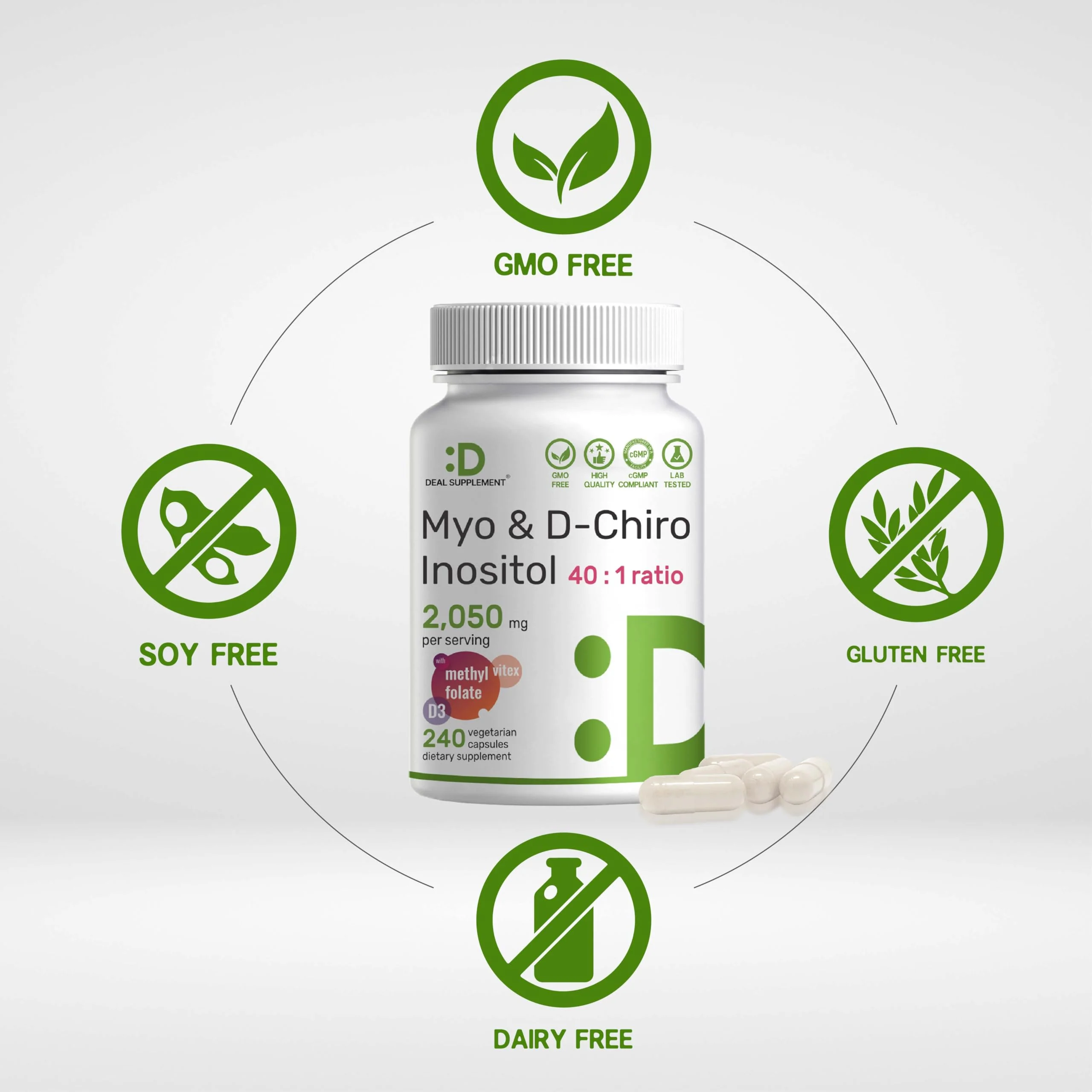 Myo-Inositol & D-Chiro Inositol Supplement for Women (40:1) | 2,050mg Per Serving | 240 Veggie Capsules | with Folate, Vitamin D3 & Vitex | Hormonal Balance & Cycle Support | Non-GMO - Image 6
