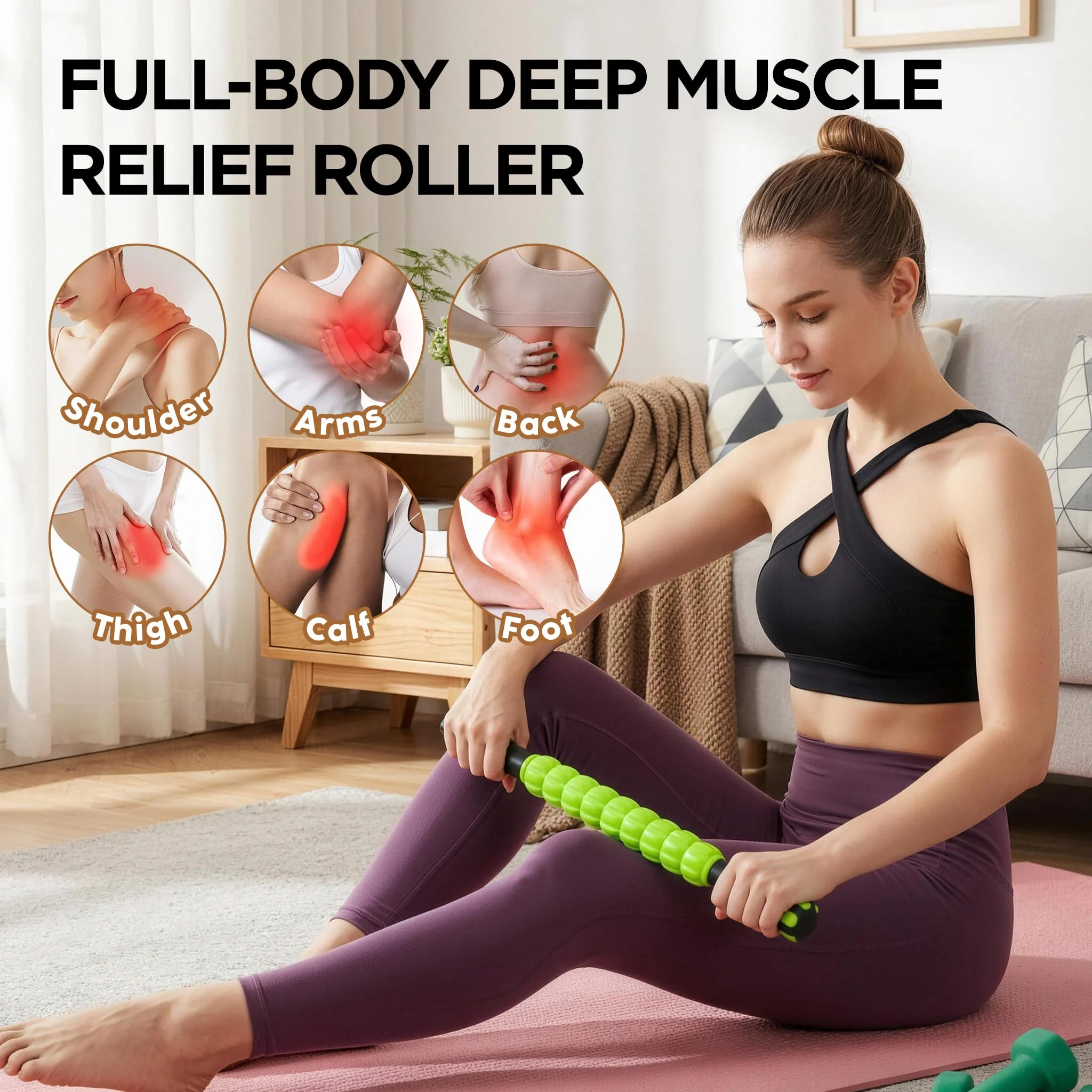 MZDXJ Muscle Roller & Massage Roller Stick for Athletes - Lymphatic Drainage Support, Relieves Muscle Soreness, Cramping & Tightness - Targets Legs, Arms, Back & Calves (Green - 18inch) - Image 2