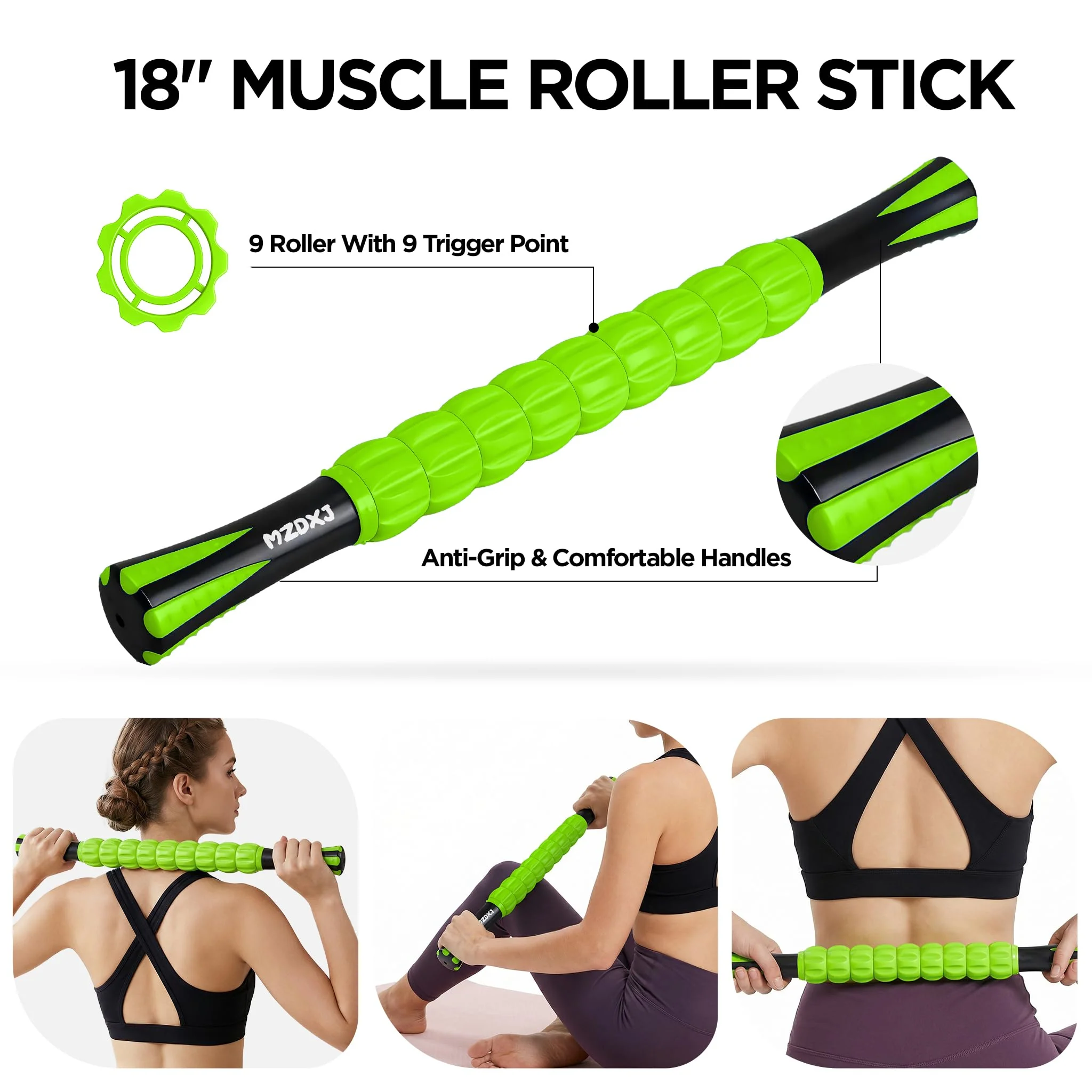 MZDXJ Muscle Roller & Massage Roller Stick for Athletes - Lymphatic Drainage Support, Relieves Muscle Soreness, Cramping & Tightness - Targets Legs, Arms, Back & Calves (Green - 18inch) - Image 3