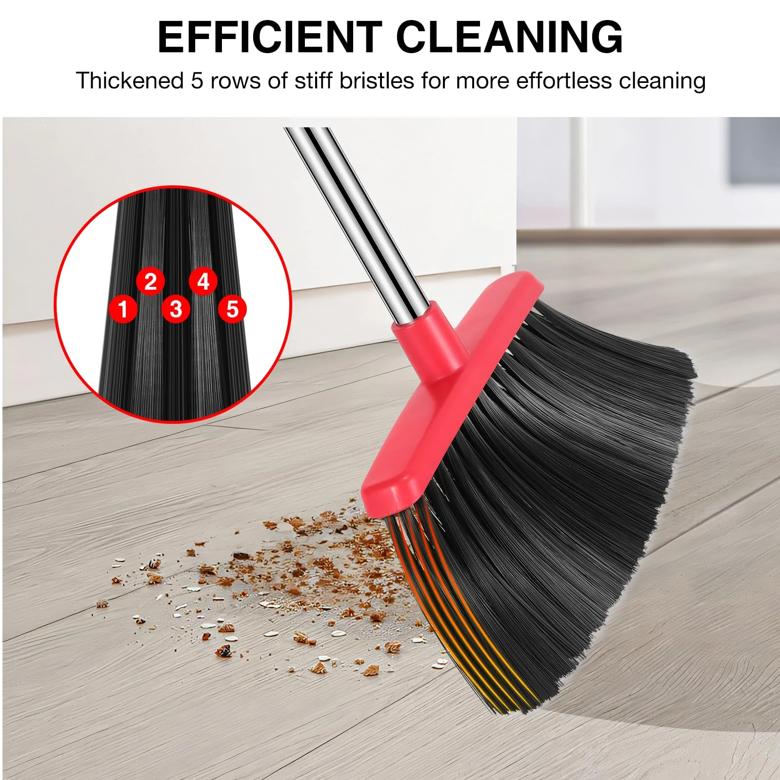 NACENA Broom and Dustpan Set, 52-in Long Adjustable Handle Broom Dustpan Combo with Dustpan Teeth to Automatically Clean Hair Suitable for Home Kitchen Office Hall Floor（Black&Red） - Image 3