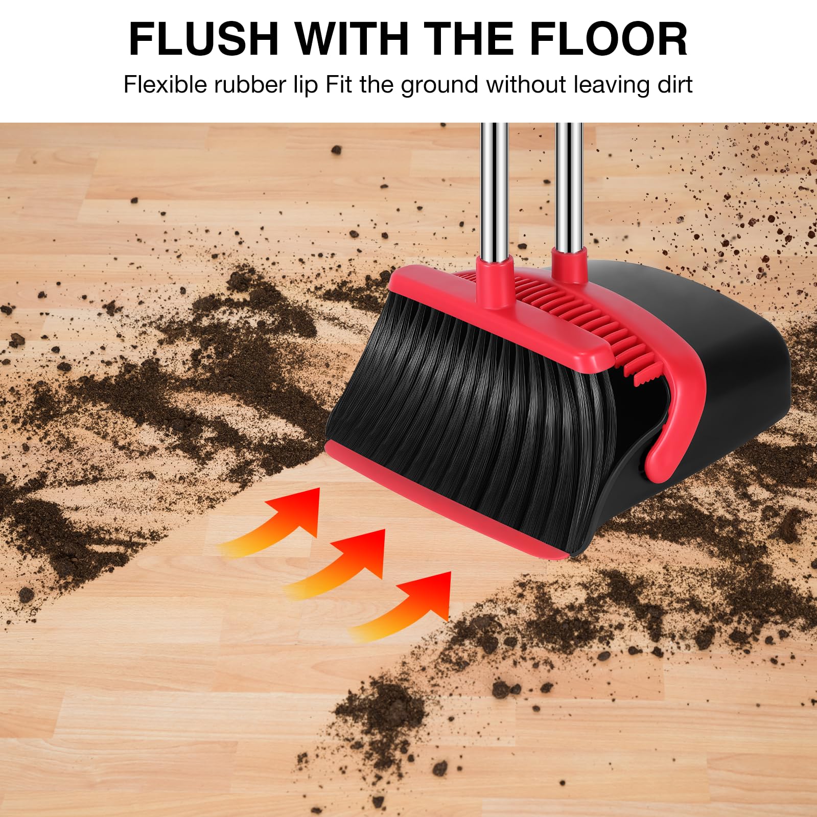 NACENA Broom and Dustpan Set, 52-in Long Adjustable Handle Broom Dustpan Combo with Dustpan Teeth to Automatically Clean Hair Suitable for Home Kitchen Office Hall Floor（Black&Red） - Image 4