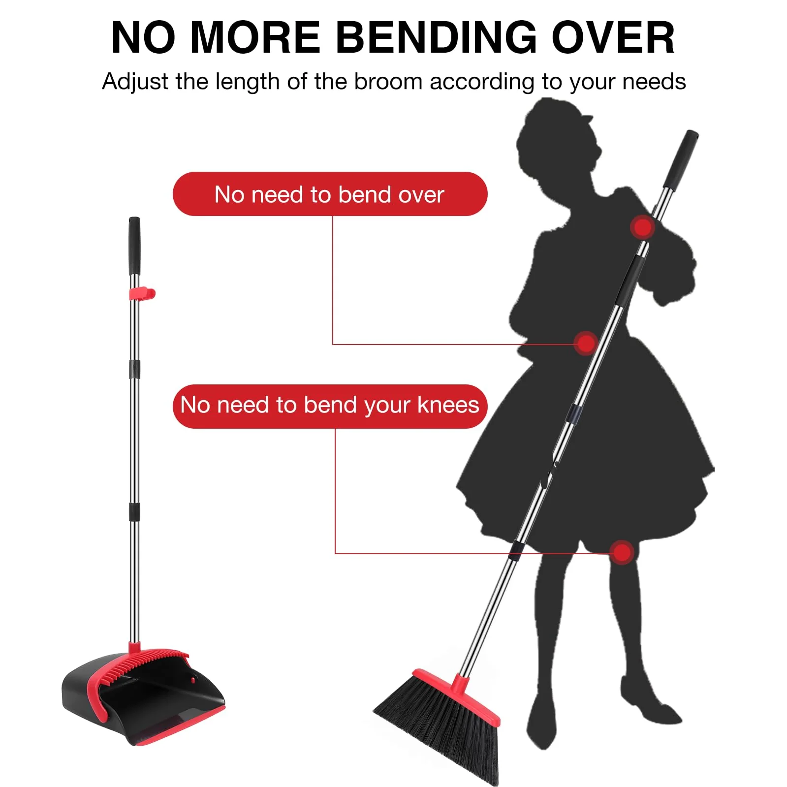 NACENA Broom and Dustpan Set, 52-in Long Adjustable Handle Broom Dustpan Combo with Dustpan Teeth to Automatically Clean Hair Suitable for Home Kitchen Office Hall Floor（Black&Red） - Image 6