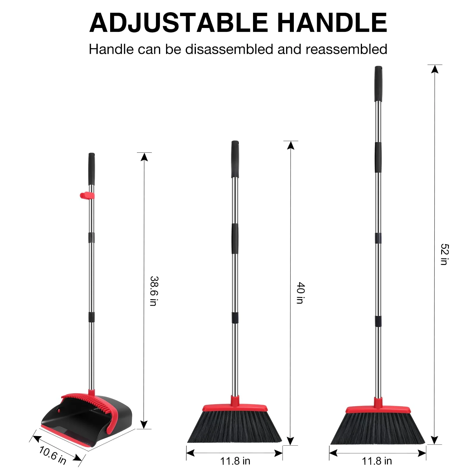 NACENA Broom and Dustpan Set, 52-in Long Adjustable Handle Broom Dustpan Combo with Dustpan Teeth to Automatically Clean Hair Suitable for Home Kitchen Office Hall Floor（Black&Red） - Image 7