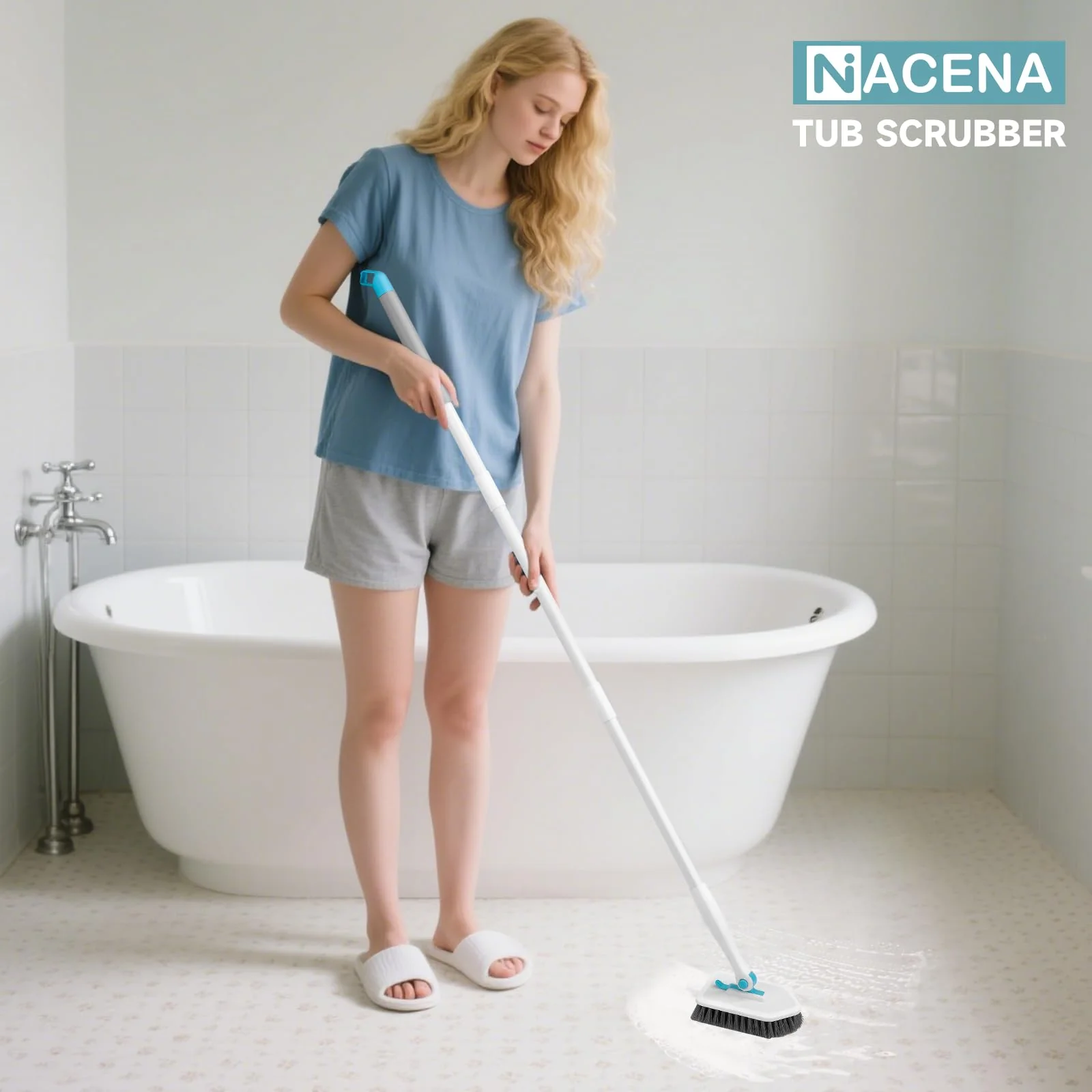 nacena Shower Scrubber with Long Handle, 4 in 1 Tile Tub Scrubber Brush with 3 Detachable Cleaning Shower Heads and Floor Squeegee Shower Cleaner Brush for Bathroom Kitchen Tub Sink Floor, Blue White - Image 2