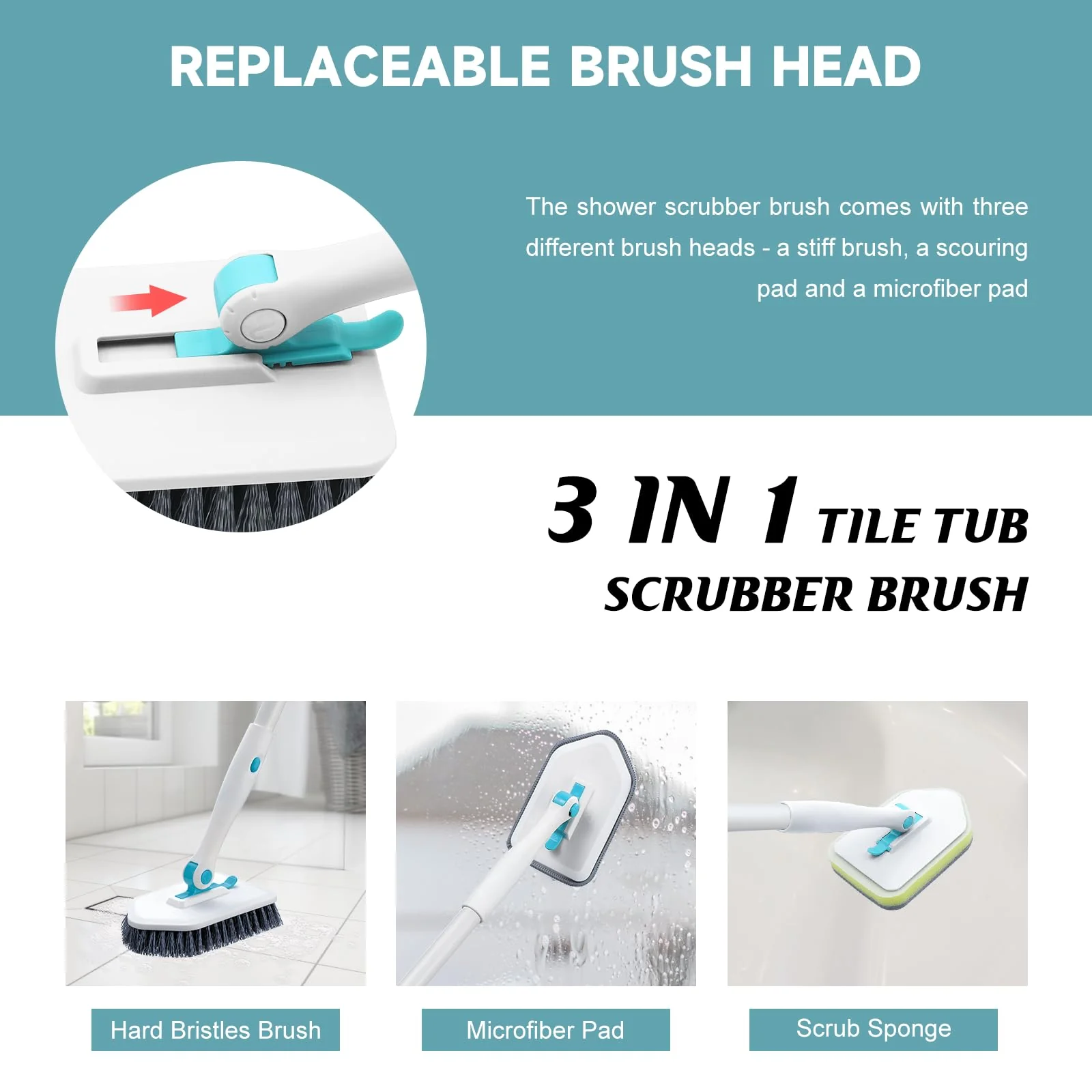 nacena Shower Scrubber with Long Handle, 4 in 1 Tile Tub Scrubber Brush with 3 Detachable Cleaning Shower Heads and Floor Squeegee Shower Cleaner Brush for Bathroom Kitchen Tub Sink Floor, Blue White - Image 5