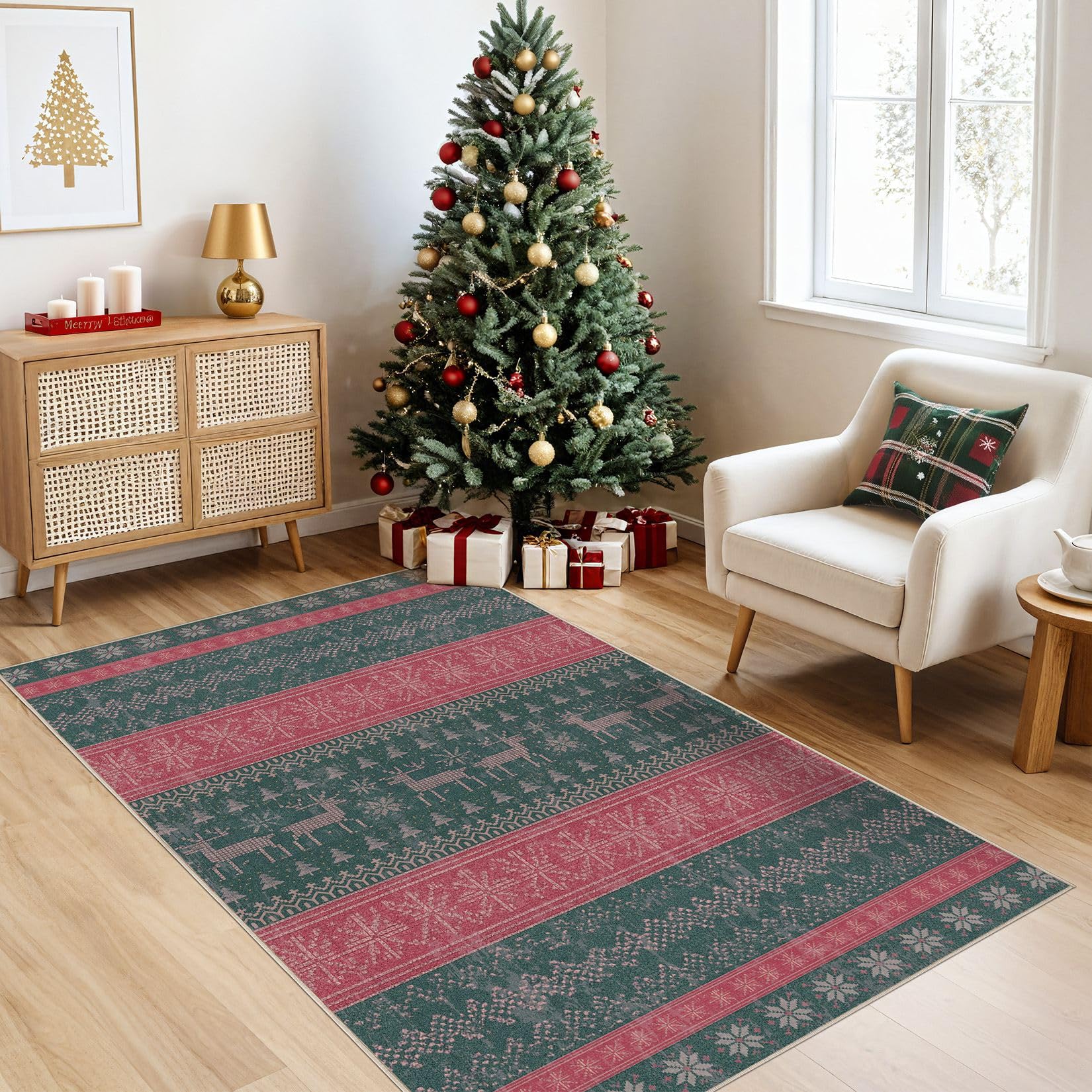 Nakagishi Area Rug Living Room Rugs: Christmas 3x5 Machine Washable Boho Large Neutral Farmhouse Stain Resistant Moroccan Indoor Floor Carpet for Bedroom Nursery Dorm Classroom Dining Room Home - Image 3