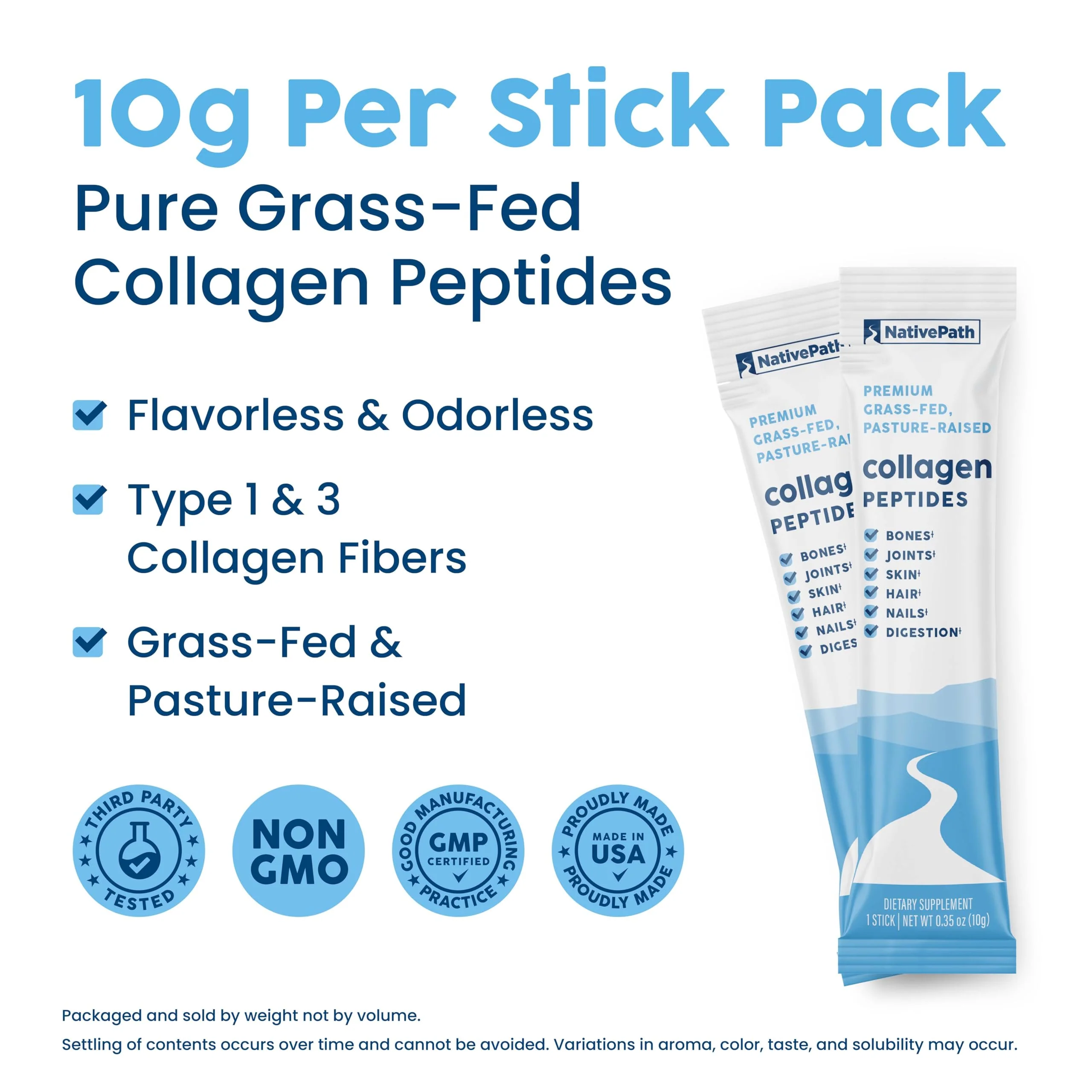 NativePath Collagen Peptides Protein Stick Packs - Hydrolyzed Type 1 & 3 Collagen Powder for Skin, Hair, Nails - 30 Servings - Image 4