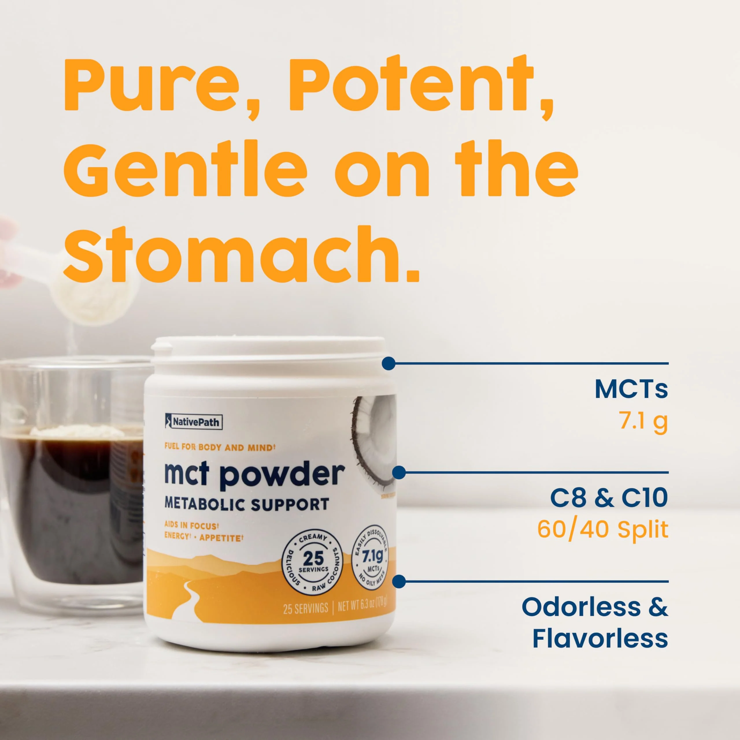 NativePath MCT Oil Powder Supplement - Unflavored MCT Powder with Keto-Friendly C8 MCTs. Free of Dairy, Gluten and GMOs, 25 Servings - Image 5