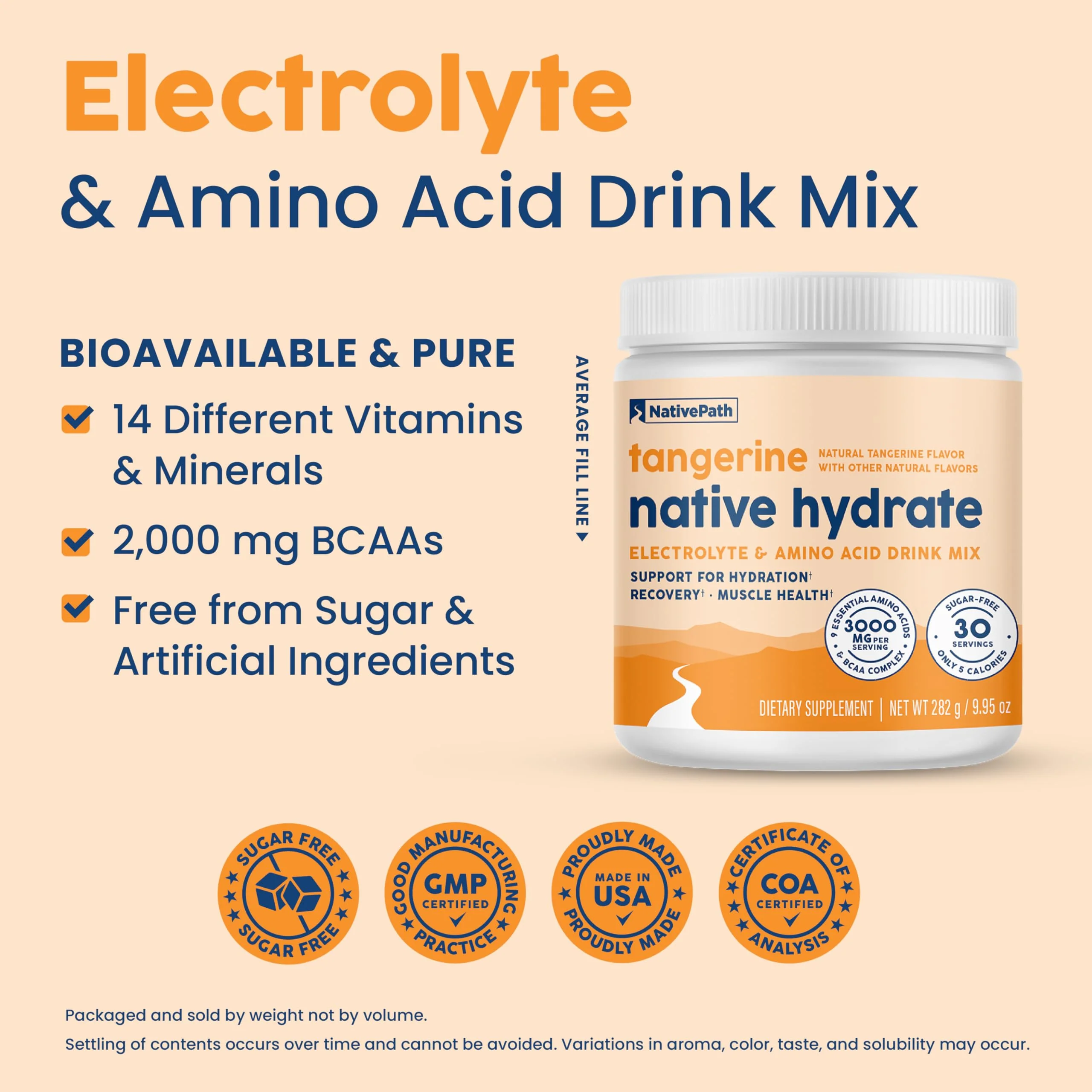 NativePath Native Hydrate, Zero Sugar, Electrolytes Powder with BCAAs, Tangerine Hydration, Keto & Paleo Friendly, 30 Servings - Image 5
